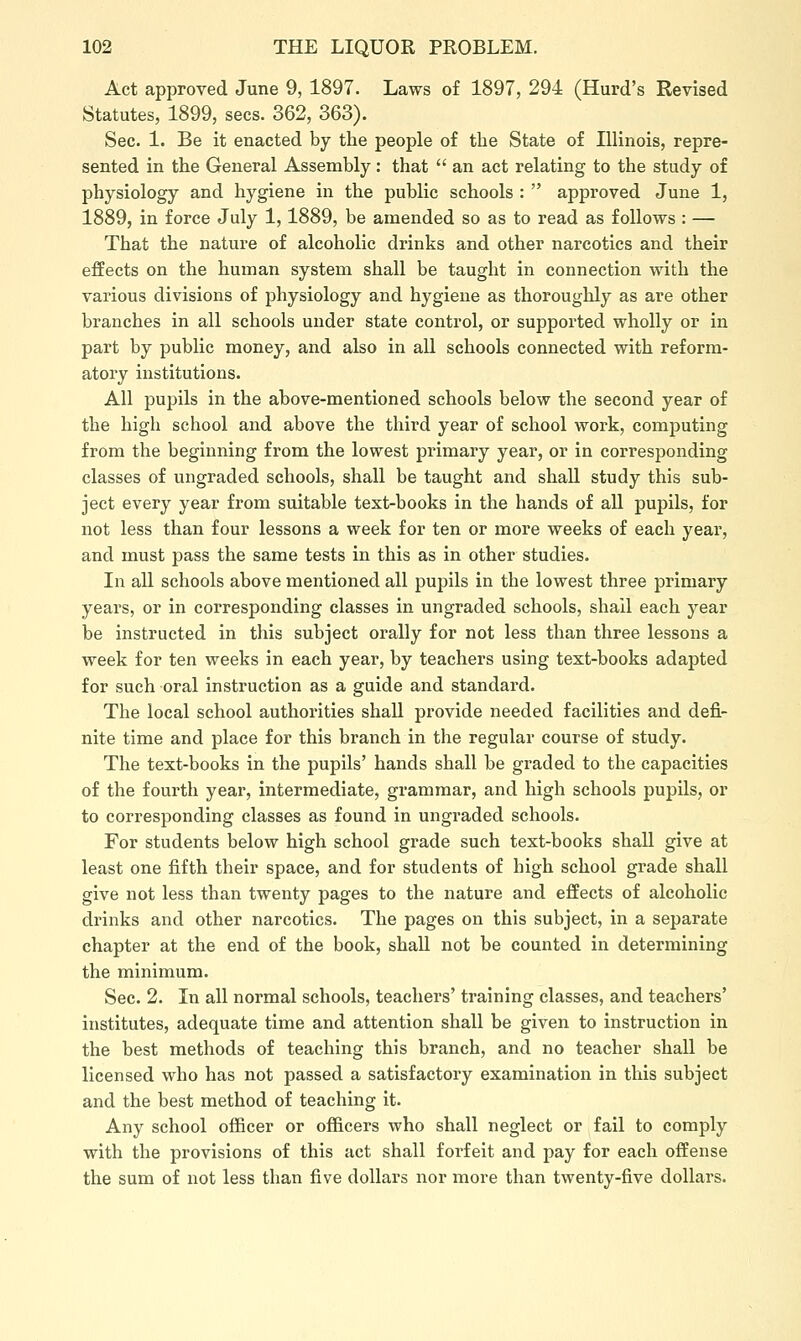 Act approved June 9, 1897. Laws of 1897, 294 (Hurd's Revised Statutes, 1899, sees. 362, 363). Sec. 1. Be it enacted by the people o£ the State of Illinois, repre- sented in the General Assembly: that  an act relating to the study of physiology and hygiene in the public schools :  approved June 1, 1889, in force July 1,1889, be amended so as to read as follows : — That the nature of alcoholic drinks and other narcotics and their effects on the human system shall be taught in connection with the various divisions of physiology and hygiene as thoroughly as are other branches in all schools under state control, or supported wholly or in part by public money, and also in all schools connected with reform- atory institutions. All pupils in the above-mentioned schools below the second year of the high school and above the third year of school work, computing from the beginning from the lowest primary year, or in corresponding classes of ungraded schools, shall be taught and shall study this sub- ject every year from suitable text-books in the hands of all pupils, for not less than four lessons a week for ten or more weeks of each year, and must pass the same tests in this as in other studies. In all schools above mentioned all pupils in the lowest three primary years, or in corresponding classes in ungraded schools, shall each year be instructed in this subject orally for not less than three lessons a week for ten weeks in each year, by teachers using text-books adapted for such oral instruction as a guide and standard. The local school authorities shall provide needed facilities and defi- nite time and place for this branch in the regular course of study. The text-books in the pupils' hands shall be graded to the capacities of the fourth year, intermediate, grammar, and high schools pupils, or to corresponding classes as found in ungraded schools. For students below high school grade such text-books shall give at least one fifth their space, and for students of high school grade shall give not less than twenty pages to the nature and effects of alcoholic drinks and other narcotics. The pages on this subject, in a separate chapter at the end of the book, shall not be counted in determining the minimum. Sec. 2. In all normal schools, teachers' training classes, and teachers' institutes, adequate time and attention shall be given to instruction in the best methods of teaching this branch, and no teacher shall be licensed who has not passed a satisfactory examination in this subject and the best method of teaching it. Any school officer or officers who shall neglect or fail to comply with the provisions of this act shall forfeit and pay for each offense the sum of not less than five dollars nor more than twenty-five dollars.