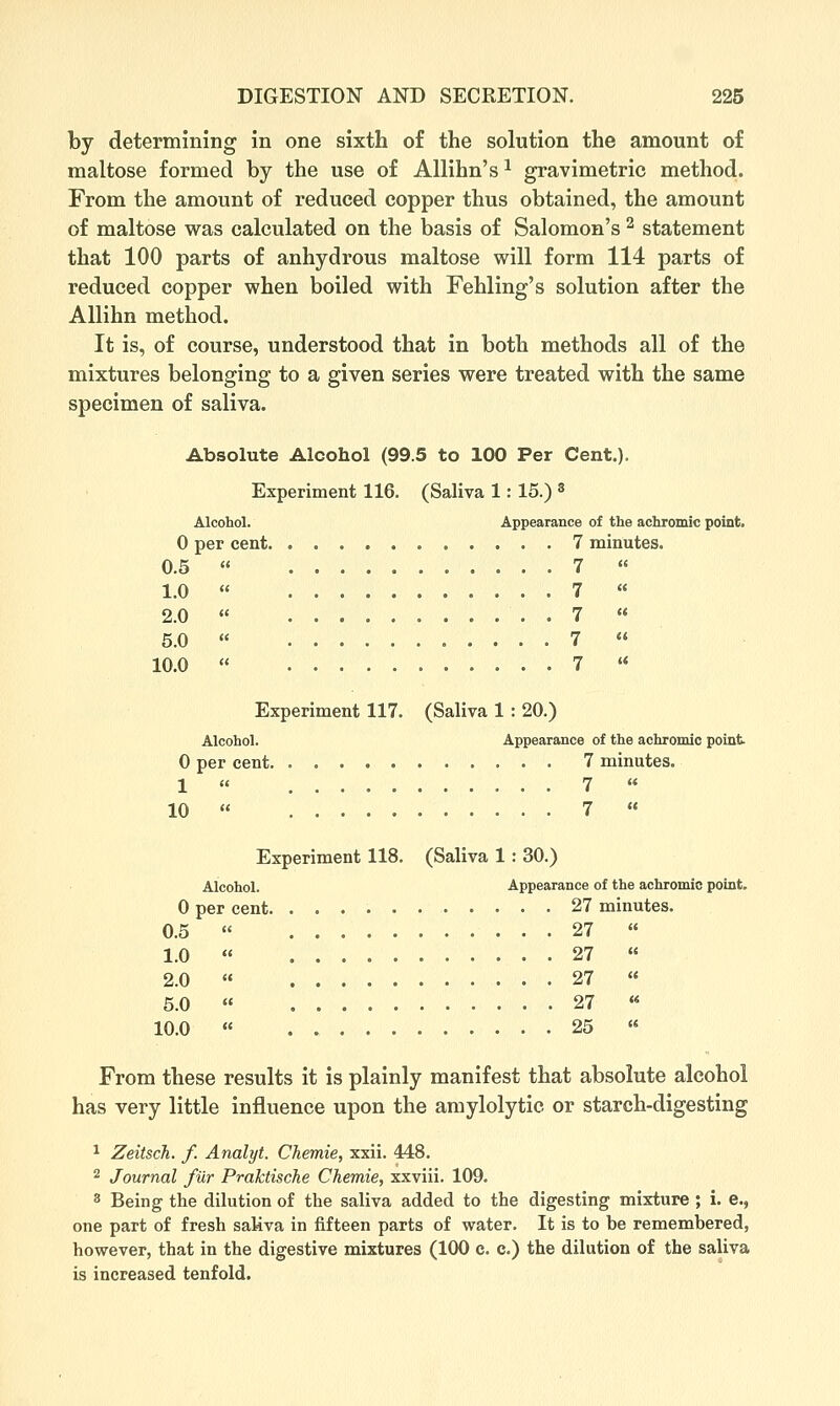 by determining in one sixth of the solution the amount of maltose formed by the use of AUihn's ^ gravimetric method. From the amount of reduced copper thus obtained, the amount of maltose was calculated on the basis of Salomon's ^ statement that 100 parts of anhydrous maltose will form 114 parts of reduced copper when boiled with Fehling's solution after the AUihn method. It is, of course, understood that in both methods all of the mixtures belonging to a given series were treated with the same specimen of saliva. Absolute Alcohol (99.5 to 100 Per Cent.). Experiment 116. (Saliva 1: 15.) ^ Alcohol. Appearance of the achromic point. 0 per cent 7 minutes. 0.5  7 « 1.0 « 7  2.0  7  5.0 « 7 « 10.0  7  Experiment 117. (Saliva 1: 20.) Alcohol. Appearance of the achromic point 0 per cent 7 minutes. 1 « 7  10  7 « Experiment 118. (Saliva 1 : 30.) Alcohol. Appearance of the achromic point. 0 per cent. 27 minutes. 0.5 1.0 2.0 5.0 10.0 27 27 27 27 25 From these results it is plainly manifest that absolute alcohol has very little influence upon the amylolytic or starch-digesting ^ Zeitsch. f. Analyt. Chetnie, xxii. 448. 2 Journal fur Praktische Chemie, xxviii. 109. 3 Being the dilution of the saliva added to the digesting mixture ; i. e., one part of fresh saliva in fifteen parts of water. It is to be remembered, however, that in the digestive mixtures (100 c. c.) the dilution of the saliva is increased tenfold.