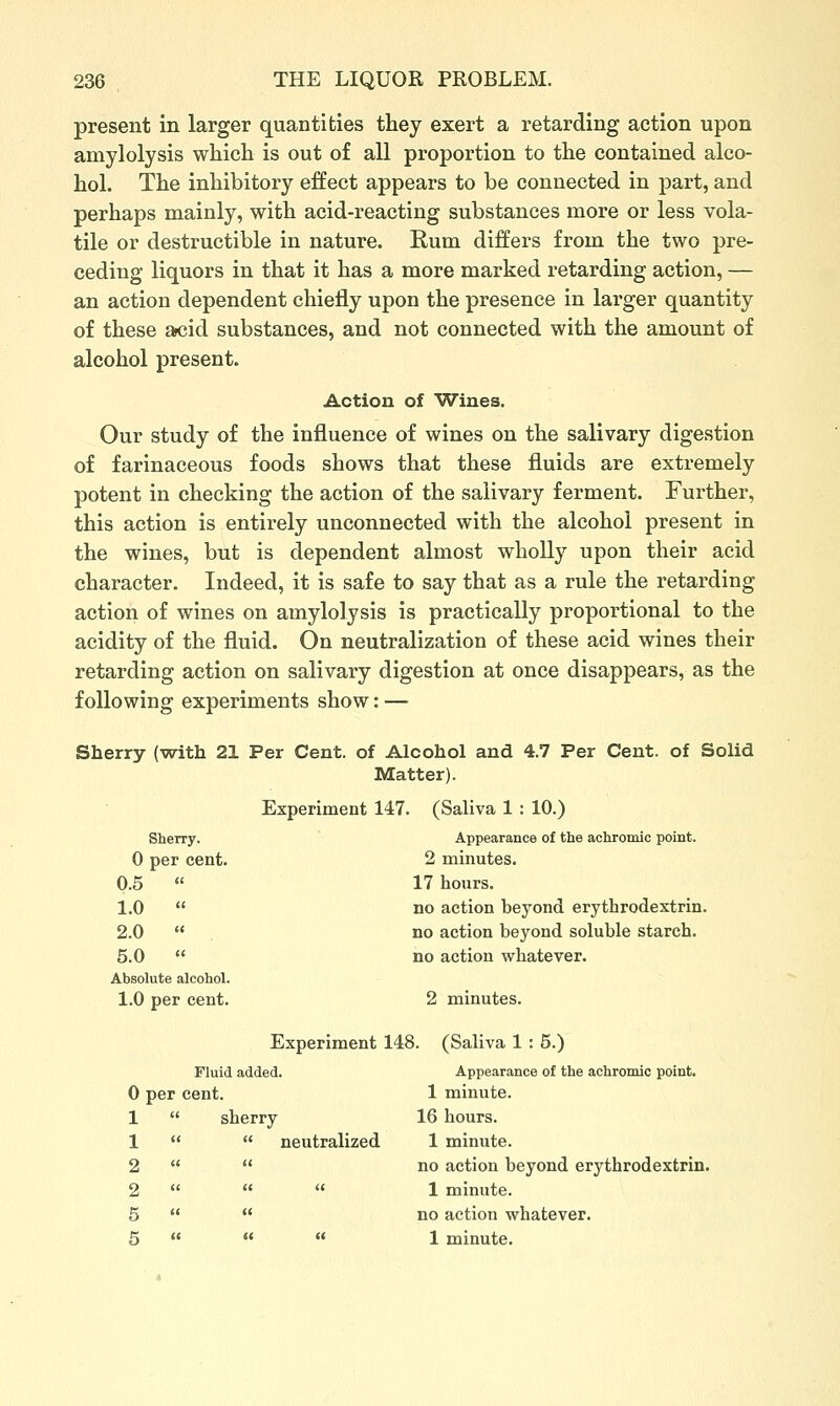 present in larger quantities they exert a retarding action upon amylolysis which is out of all proportion to the contained alco- hol. The inhibitory effect appears to be connected in part, and perhaps mainly, with acid-reacting substances more or less vola- tile or destructible in nature. Rum differs from the two pre- ceding liquors in that it has a more marked retarding action, — an action dependent chiefly upon the presence in larger quantity of these acid substances, and not connected with the amount of alcohol present. Action of Wines. Our study of the influence of wines on the salivary digestion of farinaceous foods shows that these fluids are extremely potent in checking the action of the salivary ferment. Further, this action is entirely unconnected with the alcohol present in the wines, but is dependent almost wholly upon their acid character. Indeed, it is safe to say that as a rule the retarding action of wines on amylolysis is practically proportional to the acidity of the fluid. On neutralization of these acid wines their retarding action on salivary digestion at once disappears, as the following experiments show: — Sherry (with 21 Per Cent, of Alcohol and 4.7 Per Cent, of Solid Matter). Experiment 147 . (Saliva 1 : 10.) Sherry. Appearance of the achromic point. 0 per cent. 2 minutes. 0.5  17 hours. 1.0 « no action beyond erythrodextrin. 2.0 « no action beyond soluble starch. 5.0 « no action whatever. Absolute alcohol. 1.0 per cent. 2 minutes. Experiment 148. (Saliva 1 : 5.) Fluid added. Appearance of the achromic point. 0 per cent. 1 minute. 1  sherry 16 hours. 1  neutralized 1 minute. 2 « no action beyond erythrodextrin 2  i( 1 minute. 5  no action whatever. 5  (I 1 minute.