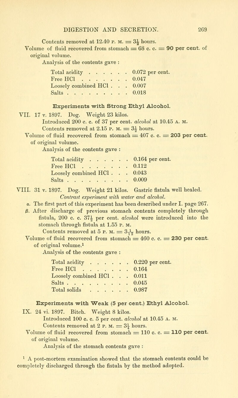 Contents removed at 12.40 p. m. = 3^ hours. Volume of fluid recovered from stomach =: 68 c. c. = 90 per cent, of original volume. Analysis of the contents gave : Total acidity 0.072 per cent. Free HCl 0.047 Loosely combiiied HCl . . . 0.007 Salts 0.018 Experiments with Strong Ethyl Alcohol. VII. 17 v. 1897. Dog. Weight 23 kilos. Introduced 200 c. c. of 37 per cent, alcohol at 10.45 A. M. Contents removed at 2.15 P. M. = 3^ hours. Volume of fluid recovered from stomach = 407 c. c. = 203 per cent. of original volume. Analysis of the contents gave : Total acidity 0.164 per cent. Free HCl 0.112 Loosely combined HCl . . . 0.043 Salts 0.009 VIII. 31 V. 1897. Dog. Weight 21 kilos. Gastric fistula well healed. Contrast experiment with water and alcohol, a. The first part of this experiment has been described under I. page 267. y3. After discharge of previous stonaach contents completely through fistula, 200 c. c. 37^ per cent, alcohol were introduced into the stomach through fistula at 1.55 P. M. Contents removed at 5 P. M. = 3^^^ hours. Volume of fluid recovered from stomach ^= 460 c. c. = 230 per cent, of original volume.^ Analysis of the contents gave : Total acidity 0.220 per cent. Free HCl 0.164 Loosely combined HCl . . . 0.011 Salts 0.045 Total solids 0.987 Experiments with Weak (5 per cent.) Ethyl Alcohol. IX. 24 vi. 1897. Bitch. Weight 8 kilos. Introduced 100 c. c. 5 per cent, alcohol at 10.45 A. m. Contents removed at 2 p. M. = 3| hours. Volume of fluid recovered from stomach := 110 c. c. = 110 per cent, of original volume. Analysis of the stomach contents gave : ^ A post-mortem examination showed that the stomach contents could be completely discharged through the fistula by the method adopted.
