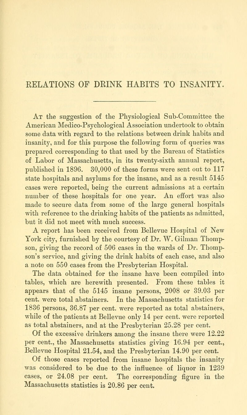 At the suggestion of the Physiological Sub-Committee the American Medico-Psychological Association undertook to obtain some data with regard to the relations between drink habits and insanity, and for this purpose the following form of queries was prepared corresponding to that used by the Bureau of Statistics of Labor of Massachusetts, in its twenty-sixth annual report, published in 1896. 30,000 of these forms were sent out to 117 state hospitals and asylums for the insane, and as a result 5145 cases were reported, being the current admissions at a certain number of these hospitals for one year. An effort was also made to secure data from some of the large general hospitals with reference to the drinking habits of the patients as admitted, but it did not meet with much success. A report has been received from Bellevue Hospital of New York city, furnished by the courtesy of Dr. W. Gilman Thomp- son, giving the record of 506 cases in the wards of Dr. Thomp- son's service, and giving the drink habits of each case, and also a note on 550 cases from the Presbyterian Hospital. The data obtained for the insane have been compiled into tables, which are herewith presented. From these tables it appears that of the 5145 insane persons, 2008 or 39.03 per cent, were total abstainers. In the Massachusetts statistics for 1836 persons, 36.87 per cent, were reported as total abstainers, while of the patients at Bellevue only 14 per cent, were reported as total abstainers, and at the Presbyterian 25.28 per cent. Of the excessive drinkers among the insane there were 12.22 per cent., the Massachusetts statistics giving 16.94 per cent., Bellevue Hospital 21.54, and the Presbyterian 14.90 per cent. Of those cases reported from insane hospitals the insanity was considered to be due to the influence of liquor in 1239 cases, or 24.08 per cent. The corresponding figure in the Massachusetts statistics is 20.86 per cent.