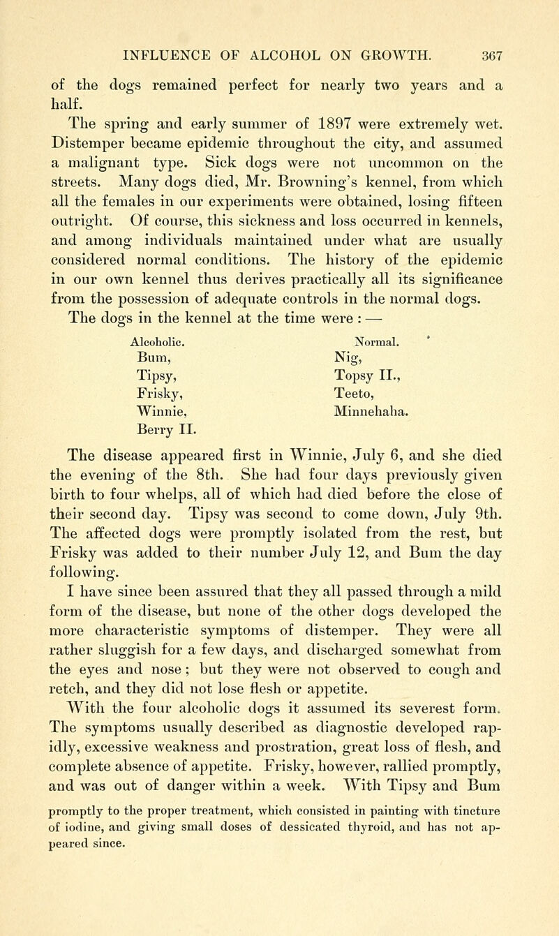 of the dogs remained perfect for nearly two years and a half. The spring and early summer of 1897 were extremely wet. Distemper became epidemic throughout the city, and assumed a malignant type. Sick dogs were not uncommon on the streets. Many dogs died, Mr. Browning's kennel, from which all the females in our experiments were obtained, losing fifteen outright. Of course, this sickness and loss occurred in kennels, and among individuals maintained under what are usually considered normal conditions. The history of the epidemic in our own kennel thus derives practically all its significance from the possession of adequate controls in the normal dogs. The dogs in the kennel at the time were : — Alcoholic. Normal. Bum, Nig, Tipsy, Topsy II., Frisky, Teeto, Winnie, Minnehaha. Berry II. The disease appeared first in Winnie, July 6, and she died the evening of the 8th. She had four days previously given birth to four whelps, all of which had died before the close of their second day. Tipsy was second to come down, July 9th. The affected dogs were promptly isolated from the rest, but Frisky was added to their number July 12, and Bum the day following. I have since been assured that they all passed through a mild form of the disease, but none of the other dogs developed the more characteristic symptoms of distemper. They were all rather sluggish for a few days, and discharged somewhat from the eyes and nose; but they were not observed to cough and retch, and they did not lose flesh or appetite. With the four alcoholic dogs it assumed its severest form. The symptoms usually described as diagnostic developed rap- idly, excessive weakness and prostration, great loss of flesh, and complete absence of appetite. Frisky, however, rallied promptly, and was out of danger within a week. With Tipsy and Bum promptly to the proper treatment, which consisted in painting with tincture of iodine, and giving small doses of dessicated thyroid, and has not ap- peared since.