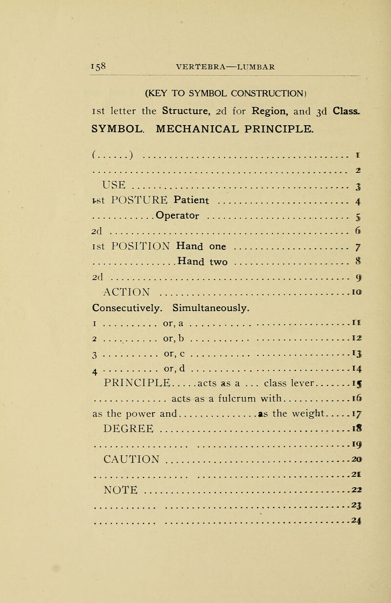 (KEY TO SYMBOL CONSTRUCTION) 1 St letter the Structure, 2d for Region, and 3d Class. SYMBOL. MECHANICAL PRINCIPLE. (......) I 2 USE 3 tst POSTURE Patient 4 Operator 5 2d 6 1st POSITION Hand one 7 Hand two S 2d 9 ACTION 10 Consecutively. Simultaneously. I or, a 11 2 or, b 12 3 • • or, c .13 4 or, d 14 PRINCIPLE acts as a ... class lever 15 acts as a fulcrum with 16 as the power and as the weig'ht 17 DEGREE 18 19 CAUTION 20 2t NOTE 22 23 24