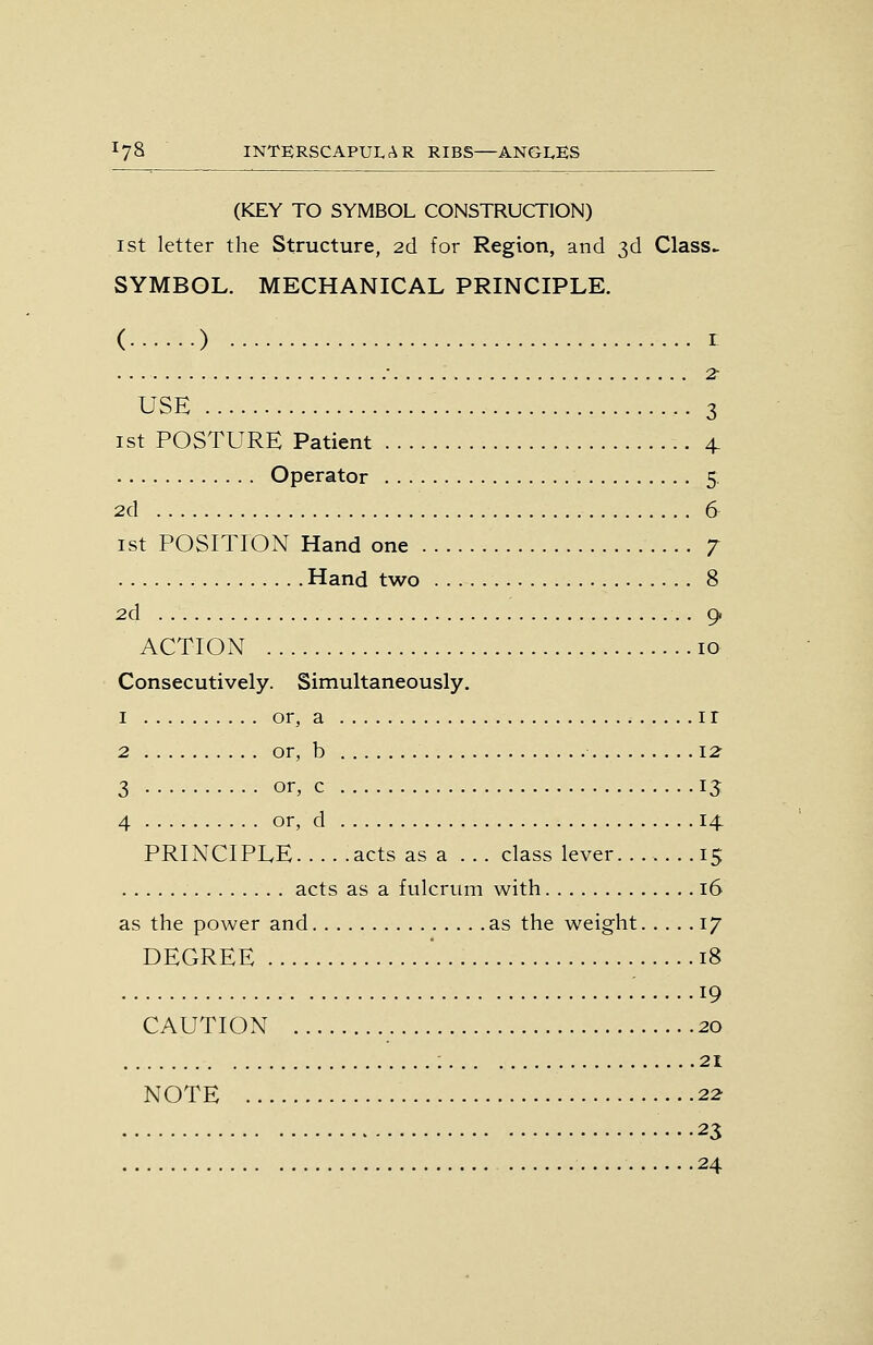 (KEY TO SYMBOL CONSTRUCTION) I St letter the Structure, 2d for Region, and 3d Class- SYMBOL. MECHANICAL PRINCIPLE. ( ) I • 2- USE 3 1st POSTURE Patient 4 Operator 5. 2d 6 1st POSITION Hand one 7 Hand two 8 2d 9. ACTION 10 Consecutively. Simultaneously. I or, a I r 2 or, b 12^ 3 or, c 15 4 or, d 14 PRINCIPLE acts as a ... class lever 15 acts as a fulcrum with 16 as the power and as the weight 17 DEGREE 18 19 CAUTION 20 : 21 NOTE 22 23 24