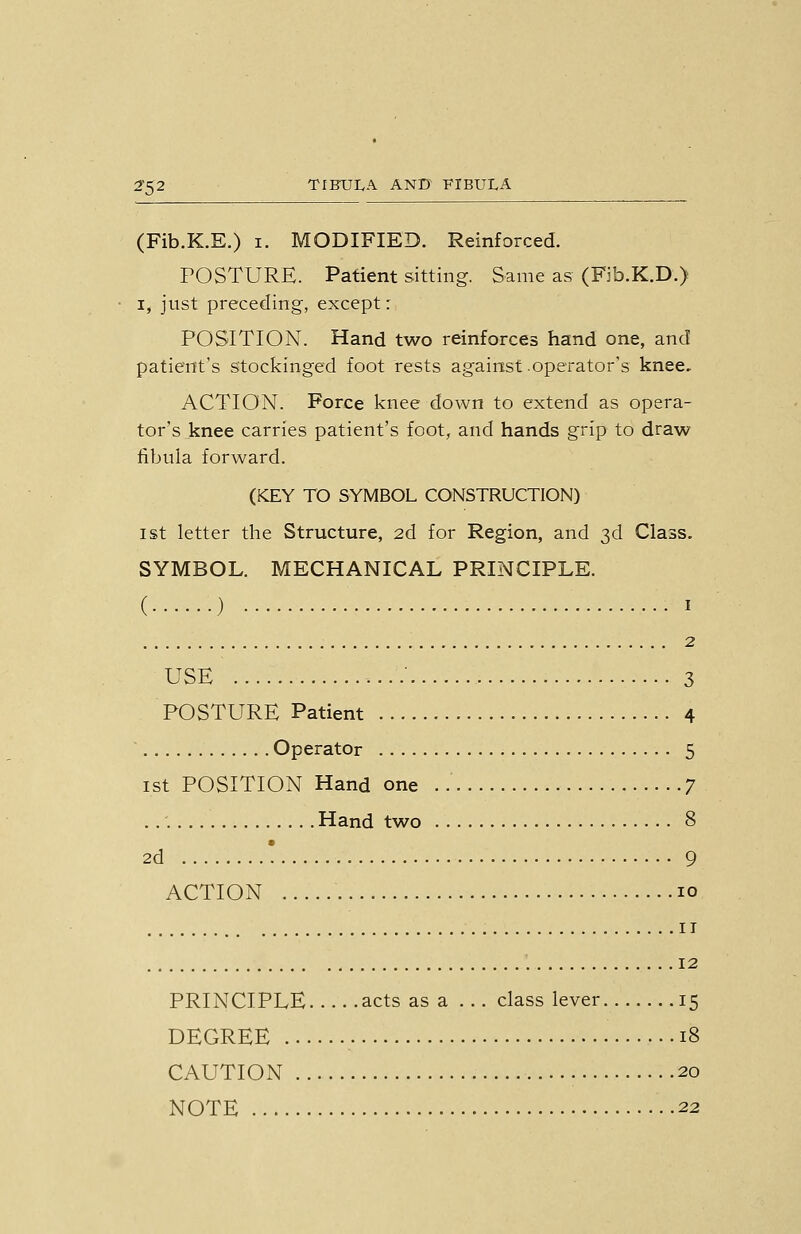 (Fib.K.E.) I. MODIFIED. Reinforced. POSTURE. Patient sitting. Same as (Fib.K.D.) I, just preceding, except: POSITION. Hand two reinforces hand one, and patient's stockinged foot rests against .operator's knee, ACTION. Force knee down to extend as opera- tor's knee carries patient's foot, and hands grip to draw fibula forward. (KEY TO SYMBOL CONSTRUCTION) 1st letter the Structure, 2d for Region, and 3d Class. SYMBOL. MECHANICAL PRINCIPLE. ( ) I 2 USE ...: 3 POSTURE Patient 4 Operator 5 ist POSITION Hand one 7 Hand two 8 2d ' 9 ACTION 10 IT 12 PRINCIPLE acts as a ... class lever 15 DEGREE 18 CAUTION 20 NOTE 22