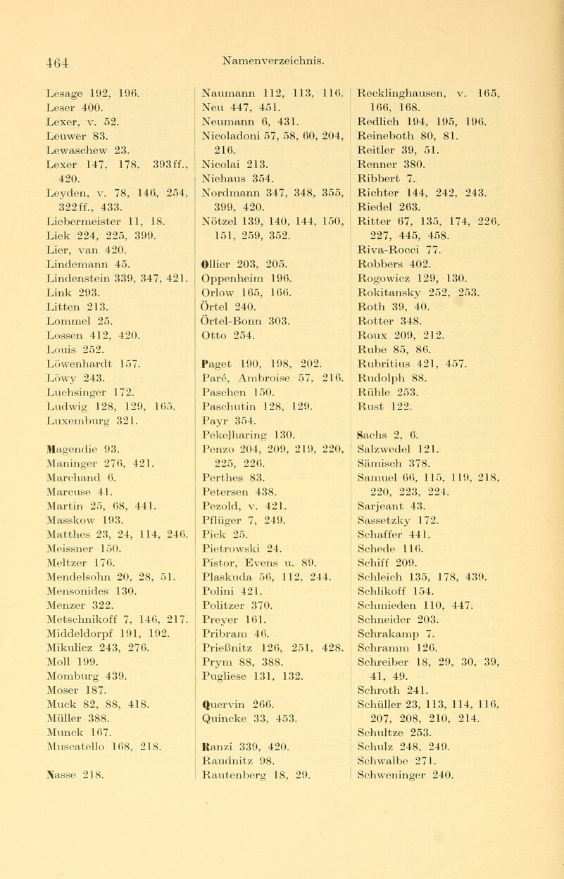 Lesage 192, 196. Leser 400. Lexer, v. 52. Leuwer 83. Lewaschew 23. Lexer 147, 178, 393ff., 420. Lej^den, v. 78, 146, 254, 322ff., 433. Liebernieister 11, 18. Liek 224, 225, 399. Lier, van 420. Lindemann 45. Lindenstein 339, 347, 421. Link 293. Litten 213. Lommel 25. Lossen 412, 420. Louis 252. Löwenhardt 157. Löwy 243. Luchsinger 172. Ludwig 128, 129, 165. Luxemburg 321. Ulagendie 93. Maninger 276, 421. Marchand 6. Marcuse 41. Martüi 25, 68, 441. Masskow 193. Matthes 23, 24, 114, 246. Meissner 150. Meltzer 176. Mendelsohn 20, 28, 51. Mensonides 130. Menzer 322. Metschnikoff 7, 146, 217. Middeldorpf 191, 192. Mikulicz 243, 276. Moll 199. Mombvirg 439. Moser 187. Muck 82, 88, 418. Müller 388. Munck 167. Muscatello 168, 218. Nasse 218. Natimaim 112, 113, 116. Neu 447, 451. Neumann 6, 431. Nicoladoni 57, 58, 60, 204, 216. Nicolai 213. Niehaus 354. Nordmann 347, 348, 355, 399, 420. Nötzel 139, 140, 144, 150, 151, 259, 352. Ollier 203, 205. Oppenheim 196. Orlow 165, 166. Örtel 240. Örtel-Bonn 303. Otto 254. Paget 190, 198, 202. Pare, Ambroise 57, 216. Paschen 150. Pasehutin 128, 129. Payr 354. Pekelharing 130. Penzo 204, 209, 219, 220, 225, 226. Perthes 83. Petersen 438. Pezold, V. 421. Pflüger 7, 249. Pick 25. Pietrowski 24. Pistor, Evens u. 89. Plaskuda 56, 112, 244. Polini 421. PoUtzer 370. Preyer 161. Pribram 46. Prießnitz 126, 251, 428. Prym 88, 388. Pugliese 131, 132. Quervin 266. Quincke 33, 453. Ranzi 339, 420. Ravidnitz 98. Rautenberg 18, 29. Recklinghausen, v. 165, 166, 168. Redlich 194, 195, 196. Reineboth 80, 81. Reitler 39, 51. Renner 380. Ribbert 7. Richter 144, 242, 243. Riedel 263. Ritter 67, 135, 174, 226, 227, 445, 458. Riva-Rocci 77. Robbers 402. Rogowicz 129, 130. Rokitansky 252, 253. Roth 39, 40. Rotter 348. Roux 209, 212. Rübe 85, 86. Rubritius 421, 457. Rudolph 88. Rühle 253. Rust 122. Sachs 2, 6. Salzwedel 121. Sämisch 378. Samuel 66, 115, 119, 218, 220, 223, 224. Sarjeant 43. Sassetzky 172. Schaff er 441. Schede 116. Schiff 209. Schleich 135, 178, 439. Schlikoff 154. Schmieden 110, 447. Schneider 203. Schrakamp 7. Schramm 126. Schreiber 18, 29, 30, 39, 41, 49. Schroth 241. Schüller 23, 113, 114, 116, 207, 208, 210, 214. Schviltze 253. Schulz 248, 249. Schwalbe 271. Schweninger 240.