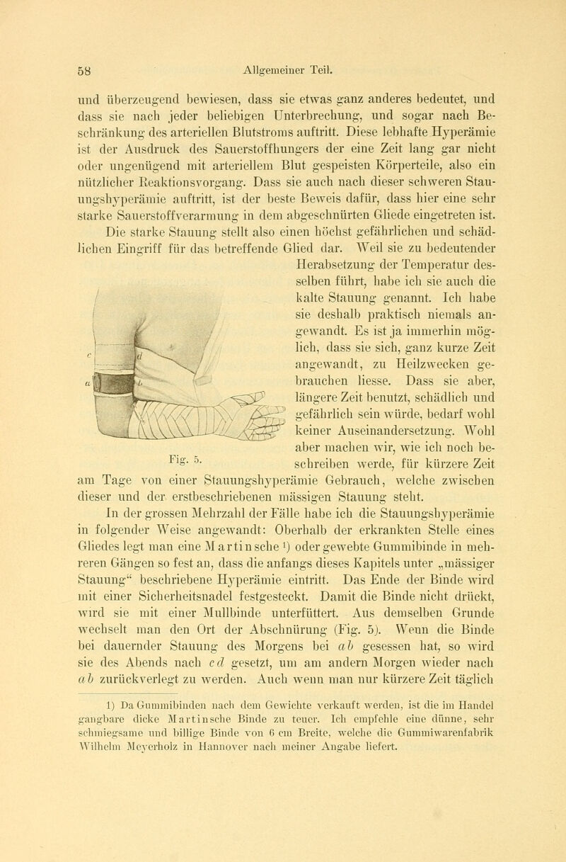 und überzeugend bewiesen, dass sie etwas ganz anderes bedeutet, und dass sie nach jeder beliebigen Unterbrechung, und sogar nach Be- schränkung des arteriellen Blutstroras auftritt. Diese lebhafte Hyperämie ist der Ausdruck des Sauerstoffhungers der eine Zeit lang gar nicht oder ungenügend mit arteriellem Blut gespeisten Körperteile, also ein nützlicher ReaktionsVorgang. Dass sie auch nach dieser schweren Stau- ungshyperämie auftritt, ist der beste Beweis dafür, dass hier eine sehr starke Sauerstoffverarmung in dem abgeschnürten Gliede eingetreten ist. Die starke Stauung stellt also einen höchst gefährlichen und schäd- lichen Eingriff für das betreffende Glied dar. Weil sie zu bedeutender Herabsetzung der Temperatur des- selben führt, habe ich sie auch die kalte Stauung genannt. Ich habe sie deshalb praktisch niemals an- gewandt. Es ist ja immerhin mög- lich, dass sie sich, ganz kurze Zeit angewandt, zu Heilzwecken ge- brauchen liesse. Dass sie aber, längere Zeit benutzt, schädlich und gefährlich sein würde, bedarf wohl keiner Auseinandersetzung. Wohl aber machen wir, wie ich noch be- ^S ^' schreiben werde, für kürzere Zeit am Tage von einer Stauungshyperämie Gebrauch, welche zwischen dieser und der erstbeschriebenen massigen Stauung steht. In der grossen Mehrzahl der Fälle habe ich die Stauungshyperämie in folgender Weise angewandt: Oberhalb der erkrankten Stelle eines Gliedes legt man eine Martin sehe ^) oder gewebte Gummibinde in meh- reren Gängen so fest au, dass die anfangs dieses Kapitels unter „massiger Stauung beschriebene Hyperämie eintritt. Das Ende der Binde wird mit einer Sicherheitsnadel festgesteckt. Damit die Binde nicht drückt, wn'd sie mit einer Mullbinde unterfüttert. Aus demselben Grunde wechselt man den Ort der Abschnürung (Fig. 5). Wenn die Binde bei dauernder Stauung des Morgens bei ab gesessen hat, so wird sie des Abends nach cd gesetzt, um am andern Morgen wieder nach ah zurückverlegt zu werden. Auch wenn man nur kürzere Zeit täglich 1) Da Gummibinden nach dem Gewichte verkauft werden, ist die im Handel gangbare dicke Martin sehe Binde zu teuer. Ich empfehle eine dünne, sehr schmiegsame und billige Binde von 6 cm Breite, welche die Gummiwarenfabrik Wilhelm Meyerholz in Hannover nach meiner Angabe liefert.