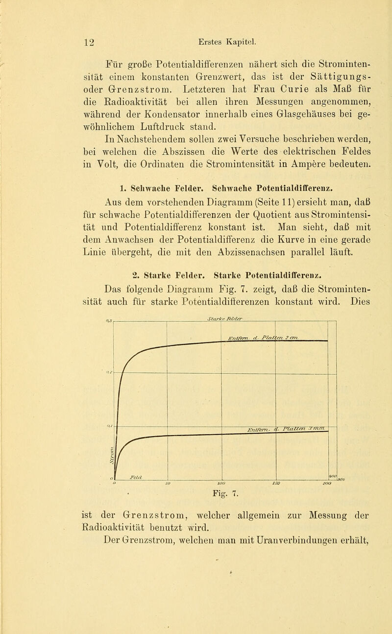 Für große Potentialdifferenzen nähert sich die Strominten- sität einem konstanten Grenzwert, das ist der Sättigungs- oder Grrenzström. Letzteren hat Frau Curie als Maß für die Radioaktivität bei allen ihren Messungen angenommen, während der Kondensator innerhalb eines Glasgebäuses bei ge- wöhnlichem Luftdruck stand. In Nachstehendem sollen zwei Versuche beschrieben werden, bei welchen die Abszissen die Werte des elektrischen Feldes in Volt, die Ordinaten die Stromintensität in Ampere bedeuten. 1. Schwache Felder. Schwache Potentialdiflfereuz. Aus dem vorstehenden Diagramm (Seite 11) ersieht man, daß für schwache Potentialdifferenzen der Quotient aus Stromintensi- tät und Potentialdifferenz konstant ist. Man sieht, daß mit dem Anwachsen der Potentialdifferenz die Kurve in eine gerade Linie übergeht, die mit den Abzissenachsen parallel läuft. 2. Starke Felder. Starke PoteutialdiflFereDz. Das folgende Diagramm Fig. 7. zeigt, daß die Strominten- sität auch für starke Potentialdifierenzen konstant wird. Dies St/irk-e Feldja- Fig. 7. ist der Grenzstrom, welcher allgemein zur Messung der Radioaktivität benutzt wird. Der Grenzstrom, welchen man mitüranverbindungen erhält,