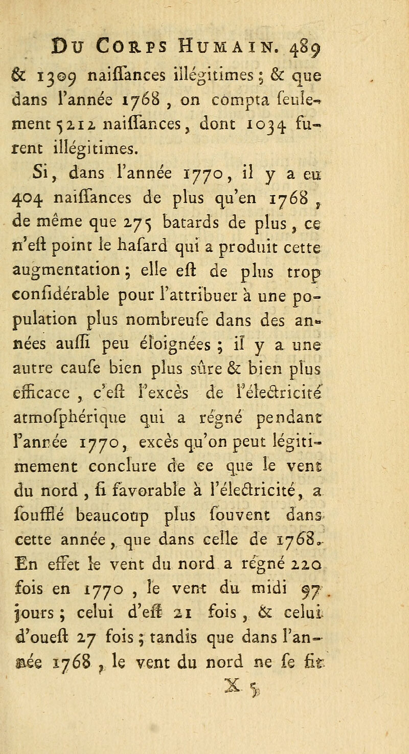 & ï3©9 naiffances iilégitimes ; & que dans Tannée 1768 , on compta feule-» ment 5212. naiffances j dont 1034. fu- rent illégitimes. Si, dans l'année 1770, il y a eu 404. naiffances de plus qu'en 1768 , de même que 175 bâtards de plus, ce n'eft point le hafard qui a produit cette augmentation; elle eft de plus trop confidérabie pour l'attribuer a une po- pulation plus nombreufe dans des an- nées auili peu éloignées ; iî y a une autre caufe bien plus sûre &: bien plus efficace , c'eil Fexcès de Téledricite atmofphérique qui a régné pendant Fanrée 1770, excès qu'on peut légiti- mement conclure de ee que le vent du nord , fi favorable à l'éledricité, a loufflé beaucoup plus fouvent dans cette année , que dans celle de 176^8^ En effet le vent du nord a régné 22a fois en 1770 , le vent du midi ^7 jours ; celui d'efî 21 fois , & celui d^ouefl: 27 fois ; tandis que dans l'an- née 1768 , le vent du nord ne fe fit