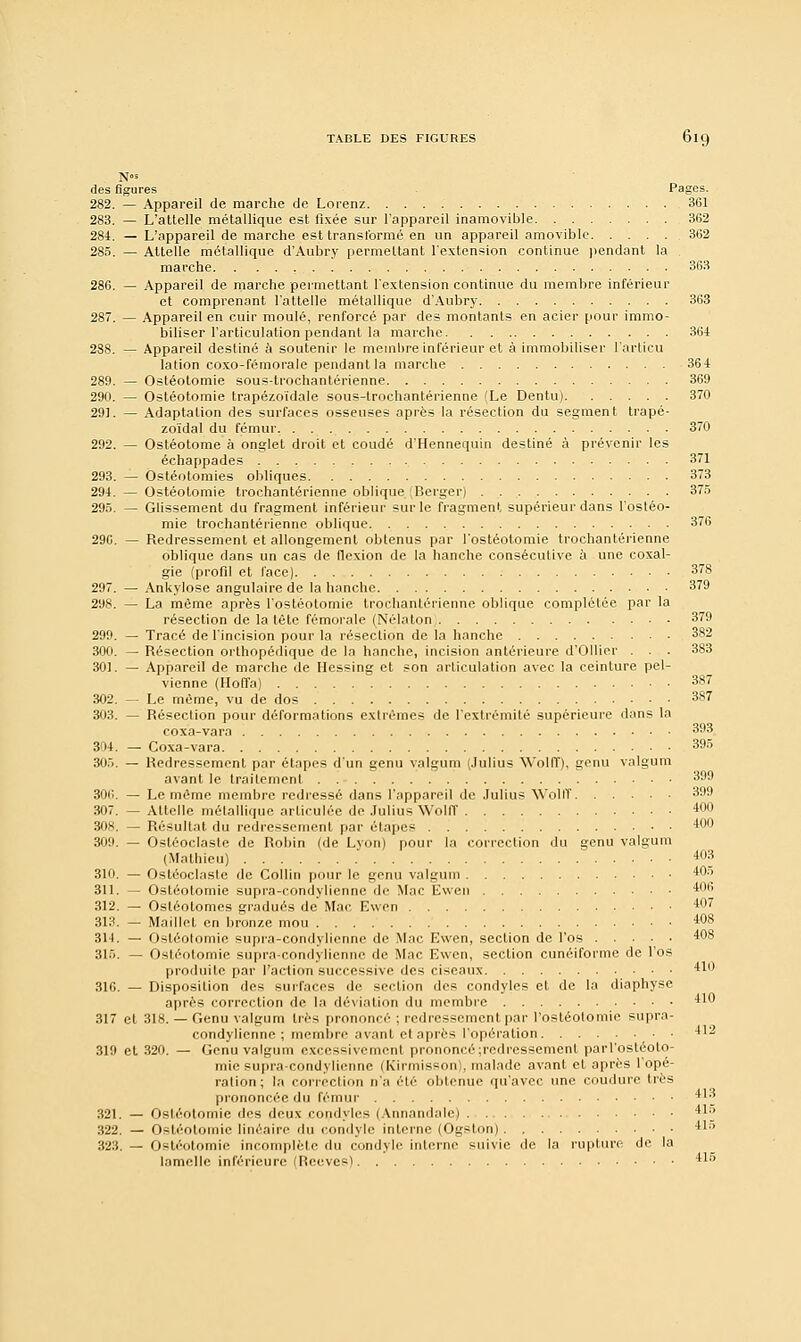 N« des figures Pages. 282. — Appareil de marche de Lorenz 361 283. — L'attelle métallique est fixée sur l'appareil inamovible 362 284. — L'appareil de marche est transformé en un appareil amovible 362 285. — Attelle métallique d'Aubry permettant l'extension continue pendant la marche 363 286. — Appareil de marche permettant l'extension continue du membre inférieur et comprenant l'attelle métallique d'Aubry 363 287. — Appareil en cuir moulé, renforcé par des montants en acier pour immo- biliser l'articulation pendant la marche 364 288. — Appareil destiné à soutenir le membre inférieur et à immobiliser l'articu lation coxo-fémorale pendant la marche 364 289. — Ostéotomie sous-trochantérienne 369 290. — Ostéotomie trapézoïdale sous-trochantérienne (Le Dentu) 370 291. — Adaptation des surfaces osseuses après la résection du segment trapé- zoïdal du fémur 370 292. — Ostéotome à onglet droit et coudé d'Hennequin destiné à prévenir les échappades 371 293. — Ostéotomies obliques 373 294. — Ostéotomie trochantérienne oblique (Berger) 375 295. — Glissement du fragment inférieur sur le fragment supérieur dans l'ostéo- mie trochantérienne oblique 376 296. — Redressement et allongement obtenus par l'ostéotomie trochantérienne oblique dans un cas de flexion de la hanche consécutive à une coxal- gie (profil et face) 37S 297. — Ankylose angulaire de la hanche 379 298. — La même après l'ostéotomie trochantérienne oblique complétée par la résection de la tète fémorale (Nélaton 379 299. — Tracé de l'incision pour la résection de la hanche 382 300. — Résection orthopédique de la hanche, incision antérieure d'Ollier . . . 383 301. — Appareil de marche de Hessing et son articulation avec la ceinture pel- vienne (Hoffa) 387 302. — Le même, vu de dos 387 303. — Résection pour déformations extrêmes de l'extrémité supérieure dans la coxa-vara 393 304. — Coxa-vara 395 306. — Redressement par étapes d'un genu valgum (.lulius Wolff), genu valgum avant le traitement 399 306. — Le môme membre redressé dans l'appareil de .lulius Wolff 399 307. — Attelle métallique articulée de .lulius Wolff 40° 305. — Résultat du redressement par étapes 400 309. — Ostéoclaste de Robin (de Lvon) pour la correction du genu valgum (Mathieu) 403 310. — Ostéoclaste de Colliii pour le genu valgum 40o 311. — Ostéotomie supra-condylienne de Mac Ewen *6 312. — Ostéolomes gradués de Mac Ewen 407 313. — Maillet en bronze mou 408 314. — Ostéotomie supra-condylienne de Mac Ewen, section de l'os 408 316. — Ostéotomie supra-condylienne de Mac Ewen, section cunéiforme de l'os produite par l'action successive des ciseaux 410 316. — Disposition des surfaces de section des condyles et de la diaphyse après correction de la déviation du membre 410 317 et 318. — Genu valgum très prononcé : redressement par l'ostéotomie supra- condylienne ; membre avant et après l'opération 412 319 et 320. — Genu valgum excessivement prononcé redressement parl'ostéoto- mie supra-condylienne (Kirmisson), malade avant et après l'opé- ration; la correction n'a été obtenue qu'avec une coudurc très prononcée du fé 321. — Ostéotomie des deux condyles (Annandale) 41 322. — Ostéotomie linéaire du condyle interne (Ogston) 41 323. — Ostéotomie incomplète du condyle interne suivie de la rupture de la lamelle inférieure (Rccvcs) 415