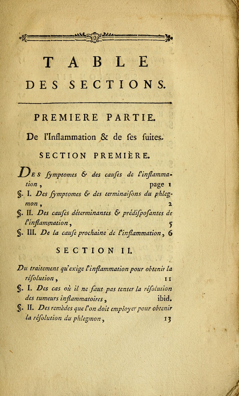 TABLE DES SECTIONS. PREMIERE PARTIE. De l'Inflammation & de fes fuites- SECTION PREMIÈRE. E S fymptomes & des caufes de Cinflamma- tion , page i §. I. Des fymptomes & des terminaifons du phleg~ mon, 2 §. II. Des caufes déterminantes & prédifpofantes de l'inflammation, , ç §. III. De la caufe prochaine de t* inflammation 5 6 SECTION II. Du traitement qù exige t inflammation pour obtenir la. rèfolution, 11 §. I. Des cas oh il ne faut pas tenter la rèfolution des tumeurs inflammatoires 9 ibid. ^. II. Des remèdes que l'on doit employer pour obtenir la rèfolution du phlegmon, î |