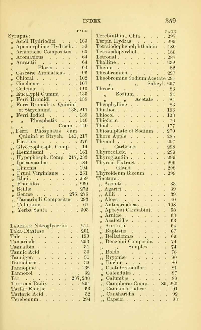 - . PAGE : Syrupus: | Acidi Hydriodici . . . 183 ' ApomorphiiiEe Hydroch. . 59 Armoraciae Compositus . G3 Aromaticus 64 Aurantii 64 „ Floris .... 64 i Cascarte Aromaticus . . 96 i Chloral 102 ! Cmclion^e 107 ' Codeinae 113 Eucalypti Gummi . . . 135 Ferri Bromidi .... 138 Ferri Bromidi c. Quinina et Strychnina . . 138, 217 Ferri lodidi 139 „ Phosphatis . . . 140 „ „ Comp. . 140 Ferri Phosphatis cum Quinina et Strych. 141, 217 Ficarius 276 Glycerophosph. Comp. . 14 Hemidesmi 161 „ Hypophosph. Comp. 217, 233 „ Ipecacuanhse 184 Limonis 194 Pruni Virginianae . . . 251 „ Rhei 259 Rhoeados 260 „ SciUee 272 „ Sennje 275, 276 Tamarindi Compositus . 293 „ Tolutanus 67 Yerba Santa 303 TABELLiE Nitroglycerini . . 214 Taka-Diastase 201 Talc 190 Tamarinds 293 Tannalbin 31 Tannic Acid 80 Tannigen 31 Tannoform 32 Tannopine 162 Tannocol 32 Tar 237,238 Taraxaci Radix 294 Tartar Emetic 56 Tartaric Acid 82 Terebenum 294 PAGE Terebinthina Chia .... 297 Terpin Hydras 295 Tetraiodopheuolphthalein . 180 Tetraiodopyrrhol ISO Tetronal . ' 287 Thalline 232 Theine 82 Theobromina 297 Theobromine Sodium Acetate 297 „ Salicyl. 297 Theocin 83 „ Sodium 84 „ „ Acetate . . 84 Theophylline 83 Thialion 196 Thiocol 123 Thiol'orm 76 Thiol 177 Thiosulphate of Sodium . . 279 Thorn Apple 285 Thymol 297 „ Carbonas .... 298 Thyrocolloid 299 Thyroglandin 299 Thyroid Extract 299 „ Gland 298 Thyroideum Siccum . . . 299 Tinctura : „ Aconiti 33 ,, Agarici 39 „ Alhi 39 „ Aloes 40 ,, Antiperiodica 108 „ Apocyni Cannabini... 58 „ Arnicae 63 „ Asafetidae 63 „ Aurantii 64 „ Baptisiae 67 „ Belladonnae 69 „ Benzoini Composita . . 74 „ „ Simplex ... 74 „ Boldo 78 „ Bryoniae 80 „ Buchu SO „ Cacti Grandiflori ... 81 „ Calendulae 87 ,, Calumbae 88 „ Camphorae Comp. . 89, 220 „ Cannabis Indicse ... 91 „ Cantharidis 92 ,, Capsici 93