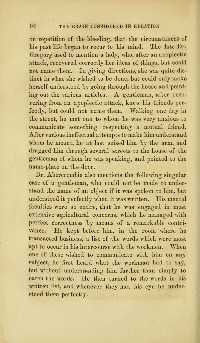 on repetition of the bleeding, that the circumstances of his past life began to recur to his mind. The late Dr. Gregory used to mention a lady, who, after an apoplectic attack, recovered correctly her ideas of things, but could not name them. In giving directions, she was quite dis- tinct in what she wished to be done, but could only make herself understood by going through the house and point- ing out the various articles. A gentleman, after reco- vering from an apoplectic attack, knew his friends per- fectly, but could not name them. Walking one day in the street, he met one to whom he was very anxious to communicate something respecting a mutual friend. After various ineffectual attempts to make him understand whom he meant, he at last seized him by the arm, and dragged him through several streets to the house of the gentleman of whom he was speaking, and pointed to the name-plate on the door. Dr. Abercrombie also mentions the following singular case of a gentleman, who could not be made to under- stand the name of an object if it was spoken to him, but understood it perfectly when it was written. His mental faculties were so entire, that he was engaged in most extensive agricultural concerns, which he managed with perfect correctness by means of a remarkable contri- vance. He kept before him, in the room where he transacted business, a list of the words which were most apt to occur in his intercourse with the workmen. When one of these wished to communicate with him on any subject, he first heard what the workman had to say, but without understanding him farther than simply to catch the words. He then turned to the words in his written list, and whenever they met his eye he under- stood them perfectly.