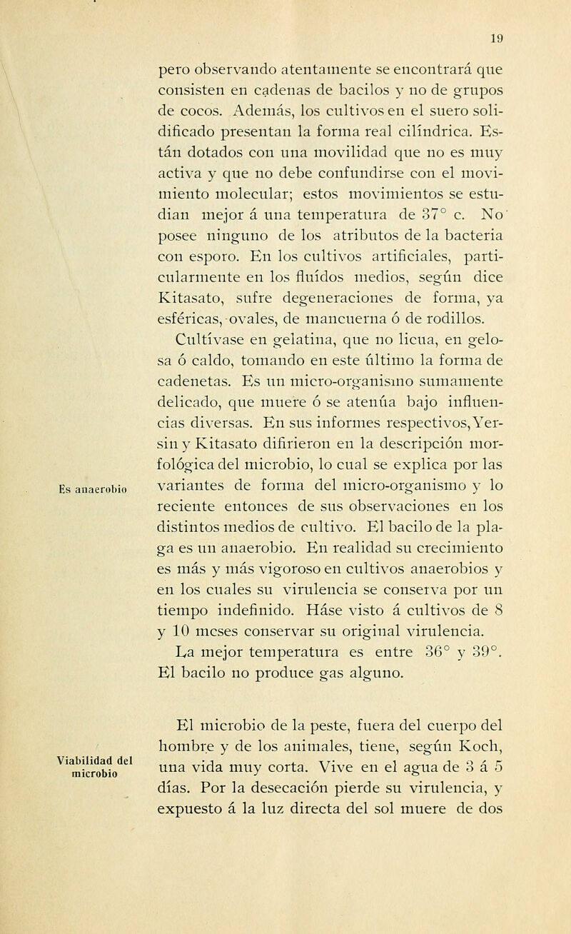 Es anaerobio pero observando atentamente se encontrará que consisten en cadenas de bacilos y no de grupos de cocos. iVdemás, los cultivos en el suero soli- dificado presentan la forma real cilindrica. Es- tán dotados con una movilidad que no es muy activa y que no debe confundirse con el movi- miento molecular; estos movimientos se estu- dian mejor á una temperatura de 37° c. No' posee ninguno de los atributos de la bacteria con esporo. En los cultivos artificiales, parti- cularmente en los fluidos medios, según dice Kitasato, sufre degeneraciones de forma, ya esféricas, ovales, de mancuerna ó de rodillos. Cultívase en gelatina, que no licúa, en gelo- sa ó caldo, tomando en este último la forma de cadenetas. Es un micro-organismo sumamente delicado, que muere ó se atenúa bajo influen- cias diversas. En sus informes respectivos,Yer- sin y Kitasato difirieron en la descripción mor- fológica del microbio, lo cual se explica por las variantes de forma del micro-organismo y lo reciente entonces de sus observaciones en los distintos medios de cultivo. El bacilo de la pla- ga es un anaerobio. En realidad su crecimiento es más y más vigoroso en cultivos anaerobios y en los cuales su virulencia se conserva por un tiempo indefinido. Háse visto á cultivos de 8 y 10 meses conservar su original virulencia. La mejor temperatura es entre 36° y 39°. El bacilo no produce gas alguno. Viabilidad del microbio El microbio de la peste, fuera del cuerpo del hombre y de los animales, tiene, según Koch, una vida muy corta. Vive en el agua de 3 á 5 días. Por la desecación pierde su virulencia, y expuesto á la luz directa del sol muere de dos