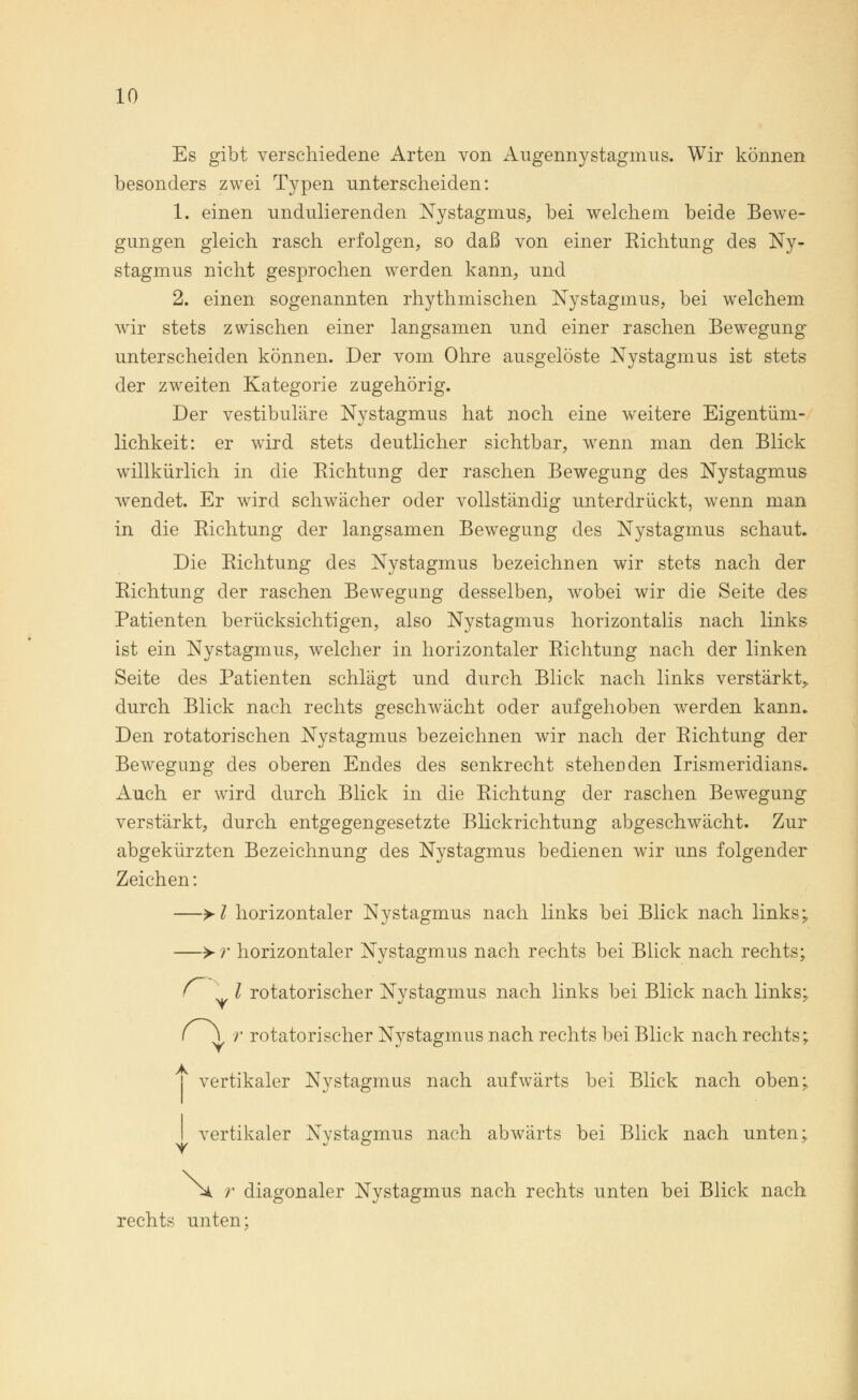Es gibt verschiedene Arten von Augennystagmus. Wir können besonders zwei Typen unterscheiden: 1. einen imdulierenden Nystagmus, bei welchem beide Bewe- gungen gleich rasch erfolgen, so daß von einer Kichtung des Ny- stagmus nicht gesprochen werden kann, und 2. einen sogenannten rhythmischen Nystagmus, bei welchem wir stets zwischen einer langsamen und einer raschen Bewegung unterscheiden können. Der vom Ohre ausgelöste Nystagmus ist stets der zweiten Kategorie zugehörig. Der vestibuläre Nystagmus hat noch eine weitere Eigentüm- lichkeit: er wird stets deutlicher sichtbar, wenn man den Blick willkürlich in die Richtung der raschen Bewegung des Nystagmus wendet. Er wird schwächer oder vollständig unterdrückt, wenn man in die Richtung der langsamen Bewegung des Nystagmus schaut. Die Richtung des Nystagmus bezeichnen wir stets nach der Richtung der raschen Bewegung desselben, wrobei wir die Seite des Patienten berücksichtigen, also Nystagmus horizontalis nach links ist ein Nystagmus, welcher in horizontaler Richtung nach der linken Seite des Patienten schlägt und durch Blick nach links verstärkt^ durch Blick nach rechts geschwächt oder aufgehoben werden kann. Den rotatorischen Nystagmus bezeichnen wir nach der Richtung der Bewegung des oberen Endes des senkrecht steheuden Irismeridians. Auch er wird durch Blick in die Richtung der raschen Bewegung verstärkt, durch entgegengesetzte Blickrichtung abgeschwächt. Zur abgekürzten Bezeichnung des Nystagmus bedienen wir uns folgender Zeichen: —>l horizontaler Nystagmus nach links bei Blick nach links; —> r horizontaler Nystagmus nach rechts bei Blick nach rechts; ' l rotatorischer Nystagmus nach links bei Blick nach links; ( \ r rotatorischer Nystagmus nach rechts bei Blick nach rechts; vertikaler Nystagmus nach aufwärts bei Blick nach oben; vertikaler Nystagmus nach abwärts bei Blick nach unten; X r diagonaler Nystagmus nach rechts unten bei Blick nach rechts unten;