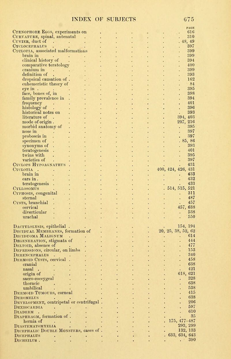 Ctenophore Eggs, experiments on CuRVATUEE, spinal, antenatal CuviER, duct of Cyclocephaltis Cyclopia, associated malformatioi brain in . . clinical history of comparative teratology cranium in definition of . dropsical causation of . euhemeristic theory of eye in . face, bones of, in family prevalence in . frequency histology of . historical notes on literature of mode of origin . morbid anatomy of nose in proboscis in specimen of synonyms of . teratogenesis . twins with varieties of Cyclops Hypoagnathus . Cyclotia . brain in ears in. teratogenesis . Cyllosomus Cyphosis, congenital . . sternal Cysts, branchial cervical diverticular urachal Dactylolysis, epithelial . Decidual Membranes, formation of Deciduoma Malignum Degeneration, stigmata of Deltoid, absence of Depressions, circular, on limbs Derencephalus . Dermoid Cysts, cervical . cranial nasal . origin of sacro-coccygeal thoracic umbilical Dermoid Tumours, corneal Deromelus Development, centripetal or centrifugal Dexiocardia DiADERM . Diaphragm, formation of . hernia of Diastematomyelia DicEPHALic Double Monsters, cases of DiCEPHALUS DiOHEILUS . 400 20 PAGE 616 310 48, 49 397 399 399 394 400 399 393 162 84 395 398 394 401 396 393 394, 403 207, 216 . 395 . 397 . 397 . 85, 86 . 393 401 . 395 . 397 . 431 424, 426, 431 . 433 . 432 . 433 514, 515, 521 . 311 . 487 . 457 457, 638 . 538 . 550 154, 194 25, 38, 52, 62 . 614 444 . 477 . 153 340 . 458 . 638 . 421 618, 621 . 328 . 638 . 538 . 415 . 638 . 206 . 597 610 35 175, 477-487 293, 299 132, 133 633, 634, 643 . 390