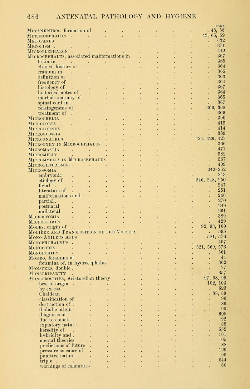 Metanephros, formation of Metencephalon . Metopagus Metopism . . . Miceoblephaeon . MiCROCEPHALUS, associated malformations brain in clinical history of cranium in definition of frequency of . histology of historical notes of morbid anatomy of spinal cord in . teratogenesis of treatment of . MiCROCHELIA Microcoria Microcornea Microglossia MiCROGNATHUS MiCROGYRY IN MiCROCEPHALUS MiCROMASTIA MiCROMELUS MiCROMYELIA IN MiCROCEPHALU MiCROPHTHALMUS . Microsomia embryonic etiology of foetal '. literature of . malformations and partial. postnatal unilateral Microstomia MiCROSTOMUS Moles, origin of . MoLitRE AND Transposition of the Vi Mono-Anileus Apus Monophthalmus . Monopodia monorchidy Monro, foramina of foramina of, in hydrocephalus Monsters, double . MONSTRIPARITY Monstrosities, Aristotelian theory bestial origin . by excess Chaldean classification of destruction of . diabolic origin diagnosis of due to comets . expiatory nature heredity of hybridity and . mental theories predictions of future . pressure as cause of punitive nature triple . warnings of calamities PAGE . 48, 58 43, 65, 69 632 371 412 367 365 364 365 363 364 367 364 365 367 366, 368 369 390 415 414 389 424, 426, 427 366 471 582 367 409 242-252 243 246, 248, 250 247 251 246 270 249 261 389 429 92, 93, 100 595 521, 576 407 521, 569, 576 561 44 362 77 657 97, 98, 99 102, 103 623 88, 89 96 86 90 605 92 88 652 101 105 88 129 90 644 86