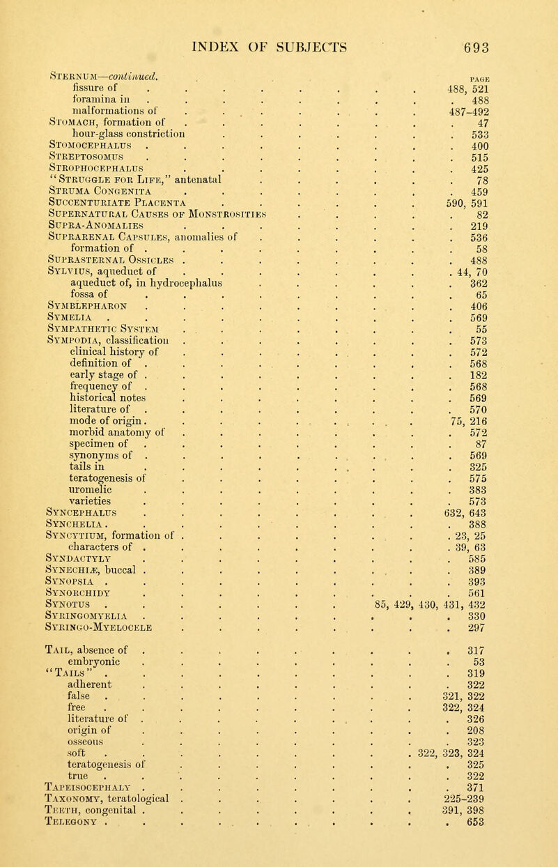 of Steknum—continued. fissure of foramina in malformations of Stomach, formation of hour-glass constriction Stomocephalus Streptosomtjs Strophocephalus Struggle for Life, antenatal Struma Congenita Succenturiate Placent- supernatural causes of monstrosities Supra-Anomalies Suprarenal Capsules, anomalies formation of . Suprasternal Ossicles Sylvius, aqueduct of aqueduct of, in hydrocephalus fossa of Symblepharon Symelia Sympathetic System Sympodia, classification clinical history of definition of . early stage of . frequency of . historical notes literature of mode of origin. morbid anatomy of specimen of synonyms of . tails in teratogenesis of nromelic varieties Syncephalus Synchelia . Syncytium, formation of characters of . Syndactyly SvNECHiiE, buccal . Synopsia . Synorchidy Synotus Syringomyelia Syringo-Myelocele Tail, absence of embryonic Tails . adherent false free literature of origin of osseous soft . teratogenesis of true Tapeisocepualy . Taxonomy, teratological Teeth, congenital . Telegony . . 85, 429, PAGE 488, 521 488 487-492 47 533 400 515 425 78 459 590, 591 82 219 536 58 488 44, 70 362 65 406 569 55 573 572 568 182 568 569 570 75, 216 572 87 569 325 575 383 573 632, 643 388 23, 25 39, 63 585 389 393 561 430, 431, 432 330 297 317 53 319 322 321, 322 322, 324 . 326 . 208 323 322, 323, 324 . 325 322 . 371 225-239 391, 398 . 653