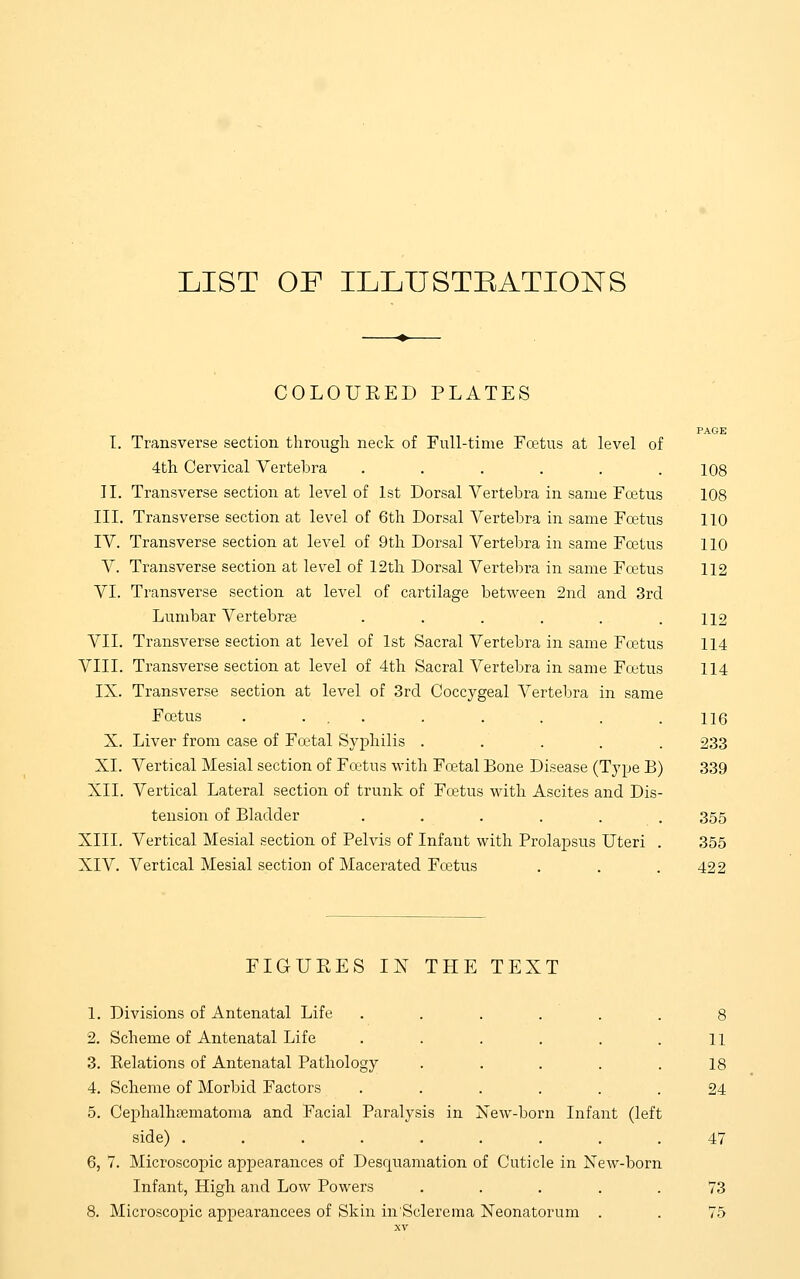 LIST OF ILLUSTEATIONS COLOURED PLATES PAGE I. Transverse section through neck of Full-time Fcetus at level of 4th Cervical Vertebra . . . . . .108 II. Transverse section at level of 1st Dorsal Vertebra in same Fcetus 108 III. Transverse section at level of 6th Dorsal Vertebra in same Foetus 110 IV. Transverse section at level of 9th Dorsal Vertebra in same Fcetus 110 V. Transverse section at level of 12th Dorsal Vertebra in same Foetus 112 VI. Transverse section at level of cartilage between 2nd and 3rd Lumbar Vertebrae . . . . . .112 VII. Transverse section at level of 1st Sacral Vertebra in same Fcetus 114 VIII. Transverse section at level of 4th Sacral A^ertebra in same Fffitus 114 IX. Transverse section at level of 3rd Coccygeal Vertebra in same Foetus . ... . . . . .116 X. Liver from case of Fa'tal Syphilis ..... 233 XL Vertical Mesial section of Fatus with Fcetal Bone Disease (Type B) 339 XII. Vertical Lateral section of trunk of Foetus with Ascites and Dis- tension of Bladder ...... 355 XIII. Vertical Mesial section of Pelvis of Infant with Prolapsus Uteri . 355 XIV. Vertical Mesial section of Macerated Foetus . . . 422 FIGURES IN THE TEXT 1. Divisions of Antenatal Life ...... 8 2. Scheme of Antenatal Life . . . . . .11 3. Eelations of Antenatal Pathology . . . . .18 4. Scheme of Morbid Factors ...... 24 5. Cephalhtematoma and Facial Paralysis in Xew-born Infant (left side) ......... 47 6. 7. Microscopic appearances of Desquamation of Cuticle in New-born Infant, High and Low Powers ..... 73