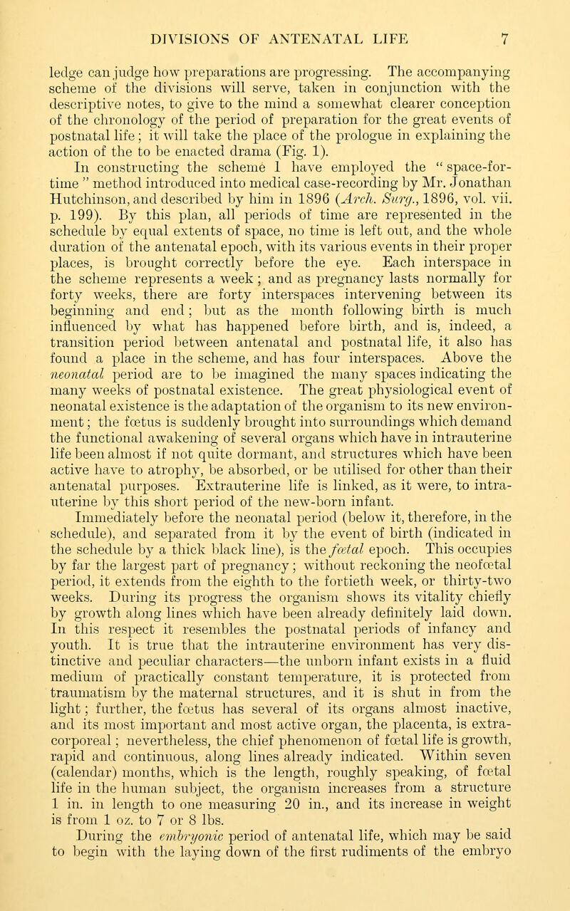 ledge can judge how preparations are progressing. The accompanying scheme of the divisions will serve, taken in conjunction with the descriptive notes, to give to the mind a somewhat clearer conception of the chronology of the period of preparation for the great events of postnatal life; it ^vill take the place of the prologue in explaining the action of the to be enacted drama (Fig. 1). In constructing the scheme 1 have employed the space-for- time method introduced into medical case-recording by Mr. Jonathan Hutchinson, and described by him in 1896 {Arch. Surg., 1896, voL vii. p. 199). By this plan, all periods of time are represented in the schedule by equal extents of space, no time is left out, and the whole duration of the antenatal epoch, with its various events in their proper places, is brought correctly before the eye. Each interspace in the scheme represents a week ; and as pregnancy lasts normally for forty weeks, there are forty interspaces intervening between its beginning and end; l3ut as the month following birth is much influenced by what has happened before birth, and is, indeed, a transition period between antenatal and postnatal life, it also has found a place in the scheme, and has four interspaces. Above the neonatal period are to be imagined the many spaces indicating the many weeks of postnatal existence. The great physiological event of neonatal existence is the adaptation of the organism to its new environ- ment ; the foetus is suddenly brought into surroundings which demand the functional awakening of several organs which have in intrauterine life been almost if not quite dormant, and structures which have been active have to atrophy, be absorbed, or be utilised for other than their antenatal purposes. Extrauterine life is linked, as it were, to intra- uterine by this short period of the new-born infant. Immediately before the neonatal period (below it, therefore, in the schedule), and separated from it by the event of birth (indicated in the schedule by a thick black line), is ihefmtal epoch. This occupies by far the largest part of pregnancy; without reckoning the neofoetal period, it extends from the eighth to the fortieth week, or thirty-two weeks. During its progress the organism shows its vitality chiefly by growth along lines which have been already definitely laid down. In this respect it resembles the postnatal periods of infancy and youth. It is true that the intrauterine environment has very dis- tinctive and peculiar characters—the unborn infant exists in a fluid medium of practically constant temperature, it is protected from traumatism by the maternal structures, and it is shut in from the light; further, the fcetus has several of its organs almost inactive, and its most important and most active organ, the placenta, is extra- corporeal ; nevertheless, the chief phenomenon of foetal life is growth, rapid and continuous, along lines already indicated. Within seven (calendar) months, which is the length, roughly speaking, of foetal life in the human subject, the organism increases from a structure 1 in. in length to one measuring 20 in., and its increase in weight is from 1 oz. to 7 or 8 lbs. During the emhryonic period of antenatal life, which may be said to begin with the laying down of the first rudiments of the embryo