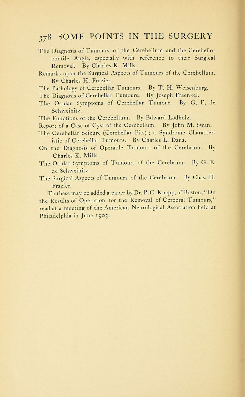 The Diagnosis of Tumours of the Cerebellum and the Cerebello- pontile Angle, especially with reference to their Surgical Removal. By Charles K. Mills. Remarks upon the Surgical Aspects of Tumours of the Cerebellum. By Charles H. Frazier. The Pathology of Cerebellar Tumours. By T. H. Weisenburg. The Diagnosis of Cerebellar Tumours. By Joseph Fraenkel. The Ocular Symptoms of Cerebellar Tumour. By G. E. de Schweinitz. The Functions of the Cerebellum. By Edward Lodholz. Report of a Case of Cyst of the Cerebellum. By John M. Swan. The Cerebellar Seizure (Cerebellar Fits) ; a Syndrome Character- istic of Cerebellar Tumours. By Charles L. Dana. On the Diagnosis of Operable Tumours of the Cerebrum. By Charles K. Mills. The Ocular Symptoms of Tumours of the Cerebrum. By G. E. de Schweinitz. The Surgical Aspects of Tumours of the Cerebrum. By Chas. H. Frazier. To these maybe added a paper by Dr. P.C. Knapp, of Boston,On the Results of Operation for the Removal of Cerebral Tumours, read at a meeting of the American Neurological Association held at Philadelphia in June 1905.