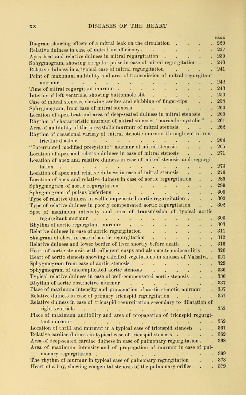 PAGE Diagram showing effects of a mitral leak on the circulation .... 220 Relative dulness in case of mitral insufficiency 227 Apex-beat and relative dulness in mitral regurgitation 230 Sphygmogram, showing irregular pulse in case of mitral regurgitation . . 240 Relative dulness in a.typical case of mitral regurgitation . . . .241 Point of maximum audibility and area of transmission of mitral regurgitant murmur 242 Time of mitral regurgitant murmur 243 Interior of left ventricle, showing buttonhole slit 250 Case of mitral stenosis, showing ascites and clubbing of finger-tips . . 258 Sphygmogram, from case of mitral stenosis 260 Location of apex-beat and area of deep-seated dulness in mitral stenosis . 260 Rhythm of characteristic murmur of mitral stenosis,  auricular systolic  . 261 Area of audibility of the presystolic murmur of mitral stenosis . . . 262 Rhythm of occasional variety of mitral stenotic murmur through entire ven- tricular diastole 264  Interrupted modified presystolic  murmur of mitral stenosis . . . 265 Location of apex and relative dulness in case of mitral stenosis . . . 271 Location of apex and relative dulness in case of mitral stenosis and regurgi- tation 273 Location of apex and relative dulness in case of mitral stenosis . . . 276 Location of apex and relative dulness in case of aortic regurgitation . . 285 Sphygmogram of aortic regurgitation 299 Sphygmogram of pulsus bisferiens . • 300 Type of relative dulness in well-compensated aortic regurgitation . . . 302 Type of relative dulness in poorly compensated aortic regurgitation . . 302 Spot of maximum intensity and area of transmission of typical aortic regurgitant murmur 303 Rhythm of aortic regurgitant murmur . 303 Relative dulness in case of aortic regurgitation 311 Skiagram of chest in case of aortic regurgitation 312 Relative dulness and lower border of liver shortly before death . . . 316 Heart of aortic stenosis with adherent cusps and also acute endocarditis . 320 Heart of aortic stenosis showing calcified vegetations in sinuses of Valsalva . 321 Sphygmogram from case of aortic stenosis ....... 329 Sphygmogram of uncomplicated aortic stenosis 336 Typical relative dulness in case of well-compensated aortic stenosis . . 336 Rhythm of aortic obstructive murmur 337 Place of maximum intensity and propagation of aortic stenotic murmur . 337 Relative dulness in case of primary tricuspid regurgitation .... 351 Relative dulness in case of tricuspid regurgitation secondary to dilatation of right ventricle 352 Place of maximum audibility and area of propagation of tricuspid regurgi- tant murmur 352 Location of thrill and murmur in a typical case of tricuspid stenosis . . 361 Relative cardiac dulness in typical case of tricuspid stenosis .... 362 Area of deep-seated cardiac dulness in case of pulmonary regurgitation . . 368 Area of maximum intensity and of propagation of murmur in case of pul- monary regurgitation . . . . . 369 The rhythm of murmur in typical case of pulmonary regurgitation . . 373 Heart of a boy, showing congenital stenosis of the pulmonary orifice . . 379