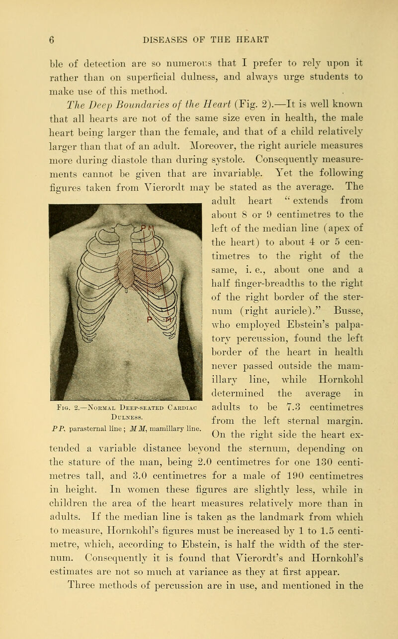 ble of detection are so numerous that I prefer to rely upon it rather than on superficial dulness, and always urge students to make use of this method. The Deep Boundaries of the Heart (Fig. 2).—It is well known that all hearts are not of the same size even in health, the male heart being larger than the female, and that of a child relatively larger than that of an adult. Moreover, the right auricle measures more during diastole than during systole. Consequently measure- ments cannot be given that are invariable. Yet the following figures taken from Vierordt may be stated as the average. The adult heart extends from about 8 or 9 centimetres to the left of the median line (apex of the heart) to about 4 or 5 cen- timetres to the right of the same, i. e., about one and a half finger-breadths to the right of the right border of the ster- num (right auricle). Busse, who employed Ebstein's palpa- tory percussion, found the left border of the heart in health never passed outside the mam- illary line, while Hornkohl determined the average in adults to be 7.3 centimetres from the left sternal margin. On the right side the heart ex- tended a variable distance beyond the sternum, depending on the stature of the man, being 2.0 centimetres for one 130 centi- metres tall, and 3.0 centimetres for a male of 190 centimetres in height. In women these figures are slightly less, while in children the area of the heart measures relatively more than in adults. If the median line is taken as the landmark from which to measure, Hornkohl's figures must be increased by 1 to 1.5 centi- metre, which, according to Ebstein, is half the width of the ster- num. Consequently it is found that Vierordt's and Hornkohl's estimates are not so much at variance as they at first appear. Three methods of percussion are in use, and mentioned in the Fig. 2.—Normal Deep-seated Cardiac Dulness. PP, parasternal line ; MM, mamillary line.