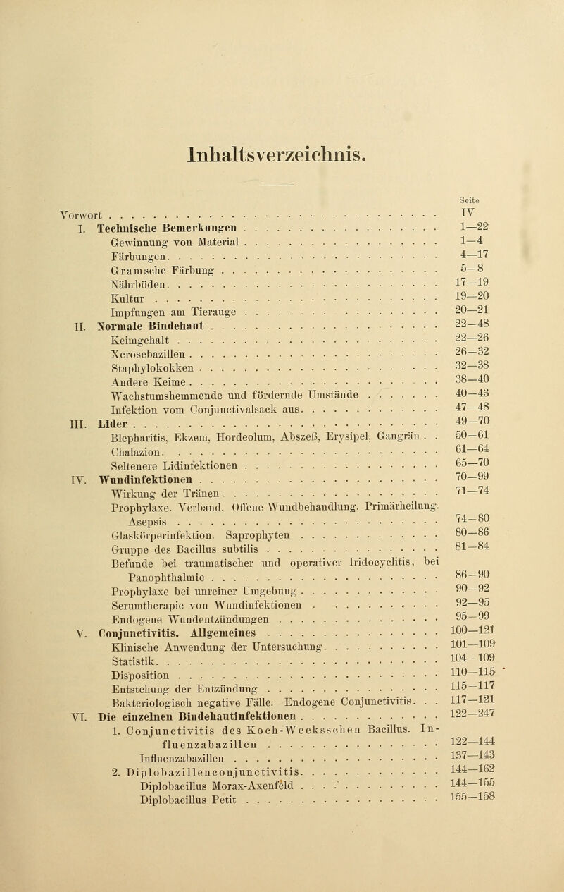 Inhalts Verzeichnis. Seite Vorwort IV I. Technische Bemerkungen 1—22 Gewinnung- von Material 1—4 Färbungen. 4—17 Gram sehe Färbung 5—8 Nährböden • 17—19 Kultur • • • 19-20 Impfungen am Tierauge 20—21 II. Normale Bindehaut 22—48 Keimgehalt 22—26 Xerosebazillen 26—32 Staphylokokken 32 38 Andere Keime 38—40 Wachstumshemmende und fördernde Umstände 40—43 Infektion vom Conjunctivalsack aus 47—48 III. Lider 49-70 Blepharitis, Ekzem, Hordeolum, Abszeß, Erysipel, Gangrän . . 50—61 Chalazion 61—64 Seltenere Lidinfektionen 65 70 IV. Wundinfektionen 70—99 Wirkung der Tränen 71 ?4 Prophylaxe. Verband. Offene Wundbehandlung. Primärheilung. Asepsis 74—80 Glaskörperinfektion. Saprophyten 80—86 Gruppe des Bacillus subtilis 81—84 Befunde bei traumatischer und operativer Iridocyclitis, bei Panophthalmie 86—90 Prophylaxe bei unreiner Umgebung 90—92 Serumtherapie von Wundinfektionen 92 95 Endogene Wundentzündungen 95—99 V. Conjunctivitis. Allgemeines 100—121 Klinische Anwendung der Untersuchung 101 109 Statistik 104-109 Disposition 110—115 Entstehung der Entzündung 115—117 Bakteriologisch negative Fälle. Endogene Conjunctivitis. . . 117—121 VI. Die einzelnen Bindehautinfektionen 122—247 1. Conjunctivitis des Koch-Weeksschen Bacillus. In- fluenzabazillen 122 144 Influenzabazillen 13? 443 2. Diplobazillenconjunctivitis 144—162 Diplobacillus Morax-Axenfeld . . . . 144—155 Diplobacillus Petit 155—158