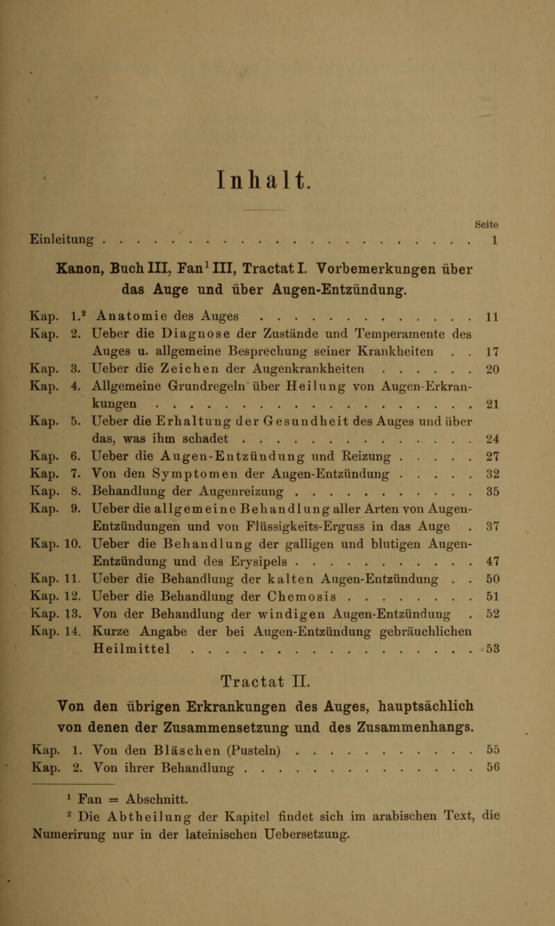 Inhalt Seite Einleitung 1 Kanon, Buch III, Fan1 III, Tractatl. Vorbemerkungen über das Auge und über Augen-Entzündung. Kap. I.2 Anatomie des Auges 11 Kap. 2. Ueber die Diagnose der Zustände und Temperamente des Auges u. allgemeine Besprechung seiner Krankheiten . . 17 Kap. 3. Ueber die Zeichen der Augenkrankheiten 20 Kap. 4. Allgemeine Grundregeln über Heilung von Augen-Erkran- kungen 21 Kap. 5. Ueber die Erhaltung der Gesundheit des Auges und über das, was ihm schadet 24 Kap. 6. Ueber die Augen-Entzündung und Reizung 27 Kap. 7. Von den Symptomen der Augen-Entzündung 32 Kap. 8. Behandlung der Augenreizung 35 Kap. 9. Ueber die allgemeine Behandlung aller Arten von Augen- Entzündungen und von Flüssigkeits-Erguss in das Auge . 37 Kap. 10. Ueber die Behandlung der galligen und blutigen Augen- Entzündung und des Erysipels 47 Kap. 11. Ueber die Behandlung der kalten Augen-Entzündung . . 50 Kap. 12. Ueber die Behandlung der Chemosis 51 Kap. 13. Von der Behandlung der windigen Augen-Entzündung . 52 Kap. 14. Kurze Angabe der bei Augen-Entzündung gebräuchlichen Heilmittel 53 Tractat IL Von den übrigen Erkrankungen des Auges, hauptsächlich von denen der Zusammensetzung und des Zusammenhangs. Kap. 1. Von den Bläschen (Pusteln) 55 Kap. 2. Von ihrer Behandlung 56 1 Fan = Abschnitt. 2 Die Abtheilung der Kapitel findet sich im arabischen Text, die Numerirung nur in der lateinischen Uebersetzung.