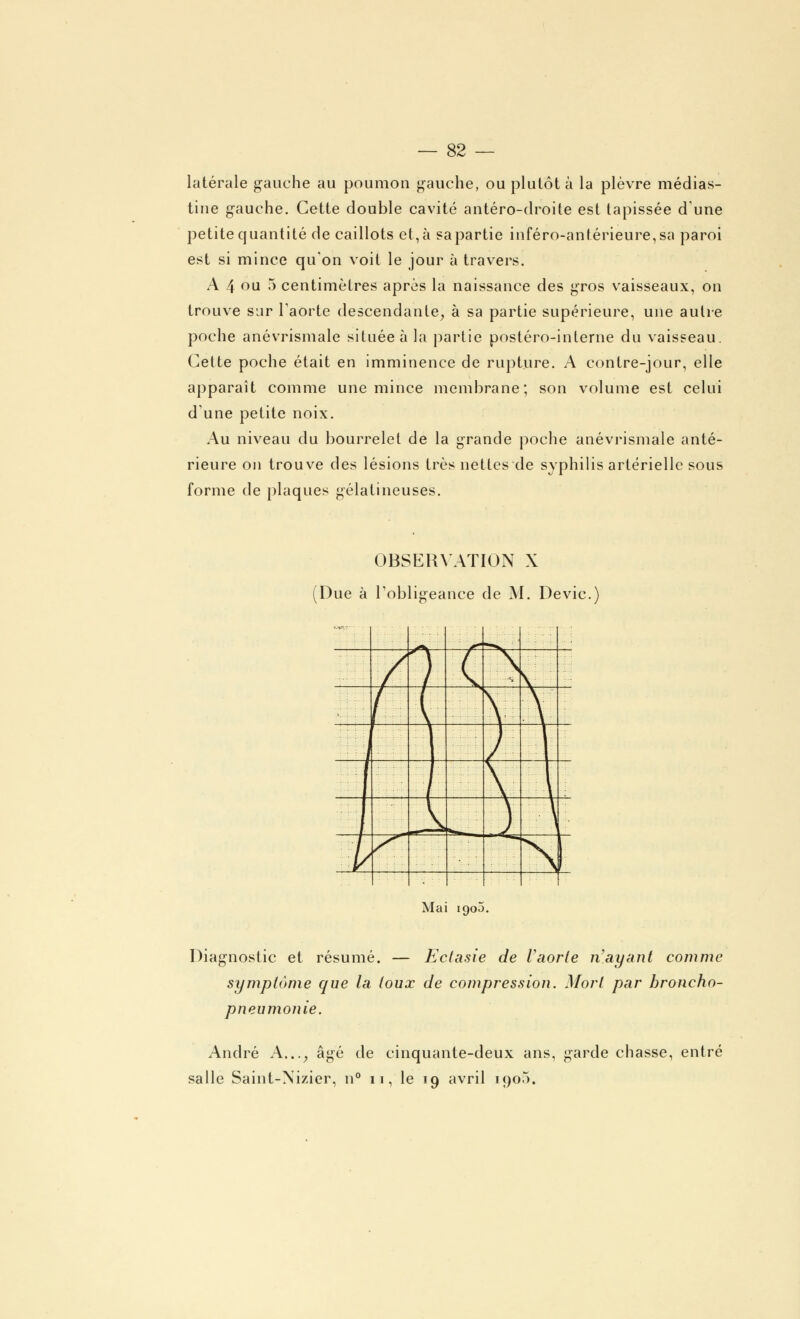 latérale gauche au poumon gauche, ou plutôt à la plèvre médias- tine gauche. Cette double cavité antéro-droite est tapissée d'une petite quantité de caillots et, à sa partie inféro-antérieure,sa paroi est si mince qu'on voit le jour à travers. A 4 ou 5 centimètres après la naissance des gros vaisseaux, on trouve sur l'aorte descendante, à sa partie supérieure, une autre poche anévrismale située à la partie postéro-inlerne du vaisseau. Celte poche était en imminence de rupture. A contre-jour, elle apparaît comme une mince membrane; son volume est celui dune petite noix. Au niveau du bourrelet de la grande poche anévrismale anté- rieure on trouve des lésions très nettes de syphilis artérielle sous forme de plaques gélatineuses. OBSERVATION X (Due à l'obligeance de M. Devic.) Mai 1900. Diagnostic et résumé. — Ectasie de Vaorle n'ayant comme symptôme que la toux de compression. Mort par broncho- pneumonie. André A..., âgé de cinquante-deux ans, garde chasse, entré salle Saint-Nizier, n° 11, le 19 avril 190.5.