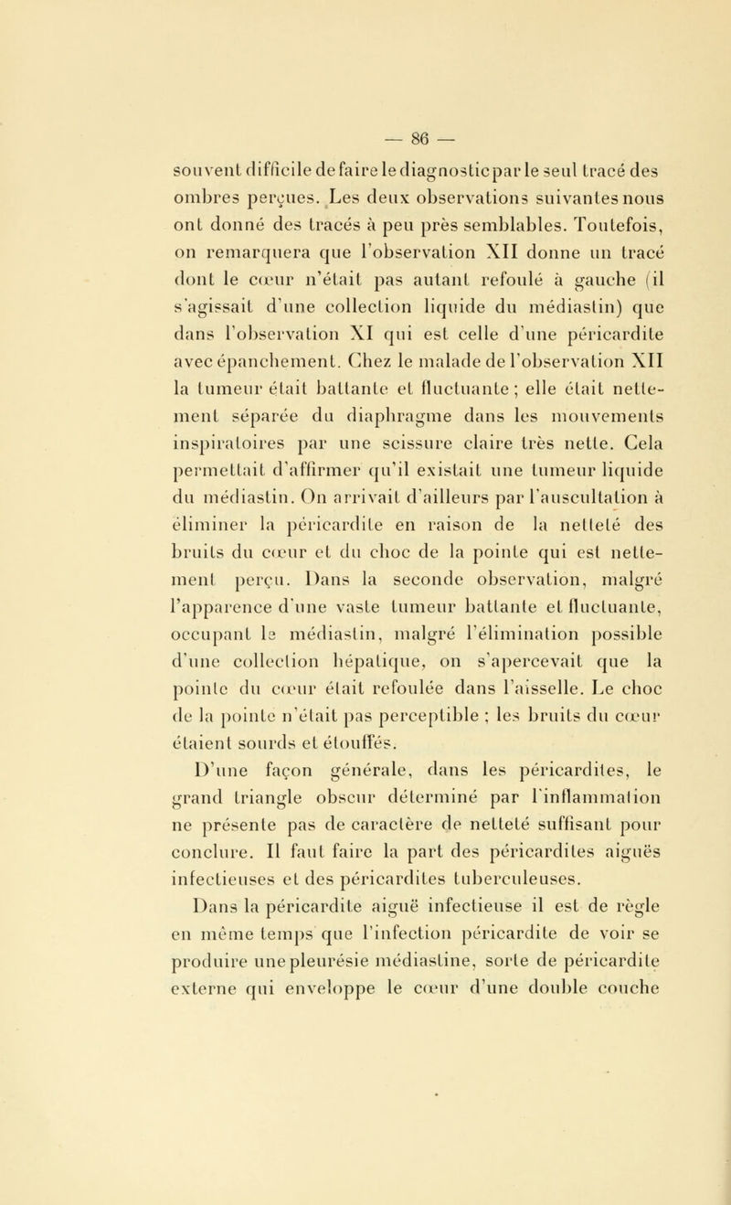 souvent difficile de faire le diagnosticpar le seul tracé des ombres perçues. Les deux observations suivantes nous ont donné des tracés à peu près semblables. Toutefois, on remarquera que l'observation XII donne un tracé dont le cœur n'était pas autant refoulé à gauche (il s'agissait d'une collection liquide du médiaslin) que dans l'observation XI qui est celle d'une péricardite avecépanchement. Chez le malade de l'observation XII la tumeur était battante et fluctuante; elle élait nette- ment séparée du diaphragme dans les mouvements inspiratoires par une scissure claire très nette. Gela permettait d'affirmer qu'il existait une tumeur liquide du médiastin. On arrivait d'ailleurs par l'auscultation à éliminer la péricardite en raison de la netteté des bruits du cœur et du choc de la pointe qui est nette- ment perçu. Dans la seconde observation, malgré l'apparence dune vaste tumeur battante et fluctuante, occupant le médiastin, malgré l'élimination possible d'une collection hépatique, on s'apercevait que la pointe du cœur était refoulée dans l'aisselle. Le choc de la pointe n'était pas perceptible ; les bruits du cœur étaient sourds et étouffés. D'une façon générale, dans les péricardiles, le grand triangle obscur déterminé par l'inflammation ne présente pas de caractère de netteté suffisant pour conclure. Il faut faire la part des péricardites aiguës infectieuses et des péricardites tuberculeuses. Dans la péricardite aiguë infectieuse il est de règle en même temps que l'infection péricardite de voir se produire une pleurésie médiasfine, sorte de péricardite externe qui enveloppe le cœur d'une double couche