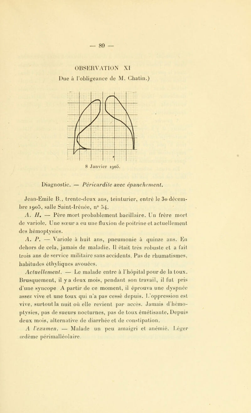 OBSERVATION XI Due à l'obligeance de M. Chatin.) * 8 Janvier 190J. Diagnostic. — Pêricardite avec épanchement. Jean-Emile B., trente-deux ans, teinturier, entré le 3o décem- bre 1905, salle Saint-Irénée, n° 54. A. H, — Père mort probablement bacillaire. Un frère mort de variole. Une sœur a eu une fluxion de poitrine et actuellement des hémoptysies. A. P. — Variole à huit ans, pneumonie à quinze ans. En dehors de cela, jamais de maladie. Il était très robuste et a t'ait trois ans de service militaire sans accidents. Pas de rhumatismes, habitudes éthyliques avouées. Actuellement. — Le malade entre à l'hôpital pour de la toux. Brusquement, il y a deux mois, pendant son travail, il fut pris d'une syncope A partir de ce moment, il éprouva une dyspnée assez vive et une toux qui n'a pas cessé depuis. L'oppression est vive, surtout la nuit où elle revient par accès. Jamais d'hémo- ptvsies, pas de sueurs nocturnes, pas de toux émétisante. Depuis deux mois, alternative de diarrhée et de constipation. A Vexamen. — Malade un peu amaigri et anémié. Léger œdème périmalléolaire.
