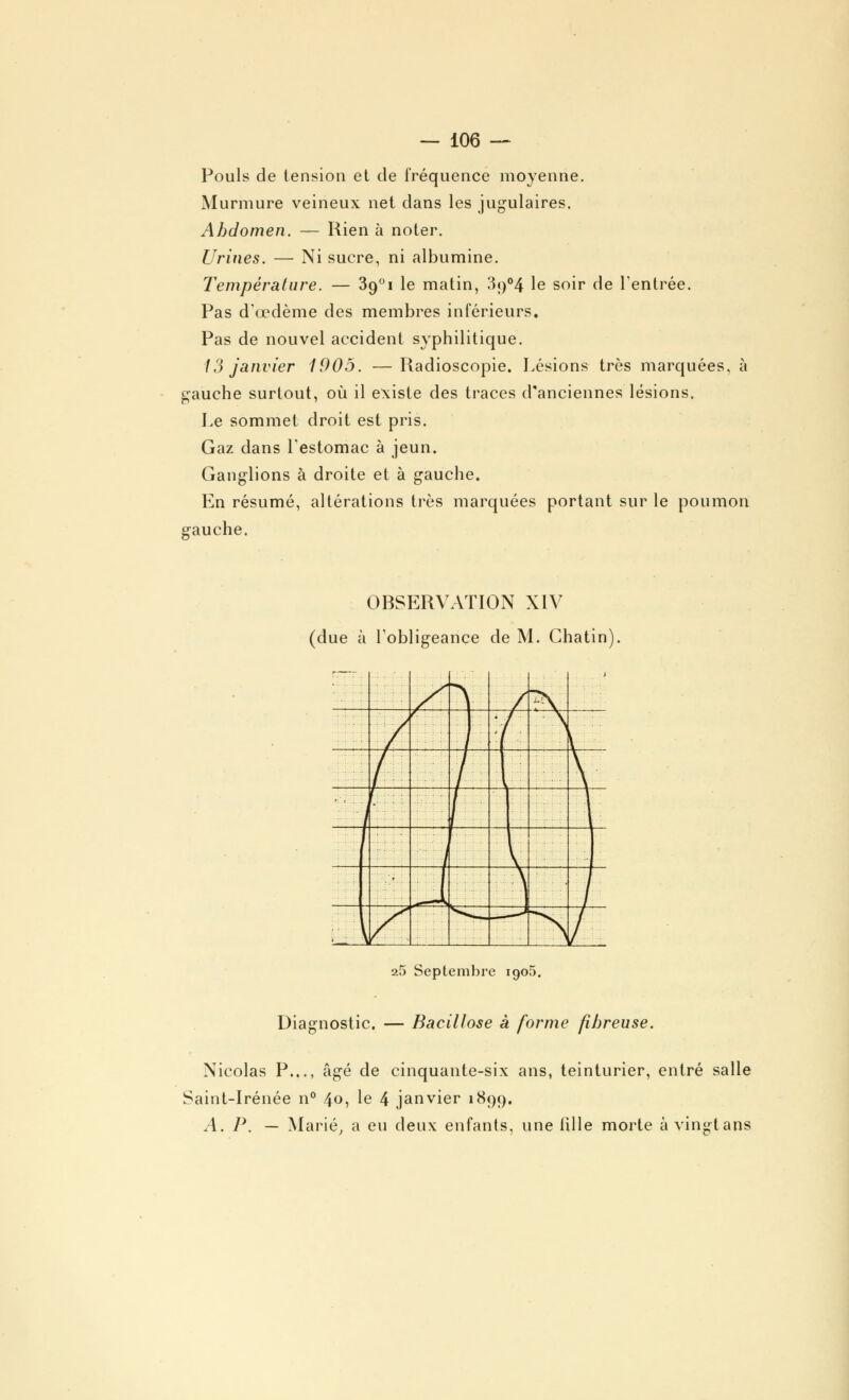 Pouls de tension et de fréquence moyenne. Murmure veineux net dans les jugulaires. Abdomen. — Rien à noter. Urines. — Ni sucre, ni albumine. Température. — 3()0i le matin, 3j)04 le soir de l'entrée. Pas d'œdème des membres inférieurs. Pas de nouvel accident syphilitique. 13 janvier 1905. —Radioscopie. Lésions très marquées, à gauche surtout, où il existe des traces d'anciennes lésions. Le sommet droit est pris. Gaz dans l'estomac à jeun. Ganglions à droite et à gauche. En résumé, altérations très marquées portant sur le poumon gauche. OBSERVATION XIV (due à l'obligeance de M. Chatin) T\ > i 7 ■: : ;l. / .'/. V 25 Septembre igo5. Diagnostic. — Baeillose à forme fibreuse. Nicolas P..., âgé de cinquante-six ans, teinturier, entré salle Saint-Irénée n° 40, le 4 janvier 1899. A. P. — Marié, a eu deux enfants, une iille morte à vingt ans