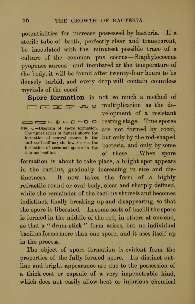 potentialities for increase possessed by bacteria. If a sterile tube of broth, perfectly clear and transparent, be inoculated with the minutest possible trace of a culture of the common pus coccus—Staphylococcus pyogenes aureus—and incubated at the temperature of the body, it will be found after twenty-four hours to be densely turbid, and every drop will contain countless myriads of the cocci. Spore formation is not so much a method of I 1 f—r-) f-E-i c^j cOi o multiplication as the de- velopment of a resistant I 1 I—?^ c=:o) c=:^ ===© o resting stage. True spores Fig. 9.-Diagram of spore formation. ^^G not formed by COCci, The upper series of figures shows the J^ ' formation of central spores in the but Only by the rod-shaped anthrax bacillus; the lower series the i j • ^ 1 i, formation of terminal spores in the bacteria, and Only by SOme tetanus bacillus. of these. When spore formation is about to take place, a bright spot appears in the bacillus, gradually increasing in size and dis- tinctness. It now takes the form of a highly refractile round or oval body, clear and sharply defined, while the remainder of the bacillus shrivels and becomes indistinct, finally breaking up and disappearing, so that the spore is liberated. In some sorts of bacilli the spore is formed in the middle of the rod, in others at one end, so that a ^' drum-stick  form arises, but no individual bacillus forms more than one spore, and it uses itself up in the process. The object of spore formation is evident from the properties of the fully formed spore. Its distinct out- line and bright appearance are due to the possession of a thick coat or capsule of a very impenetrable kind, which does not easily allow heat or injurious chemical