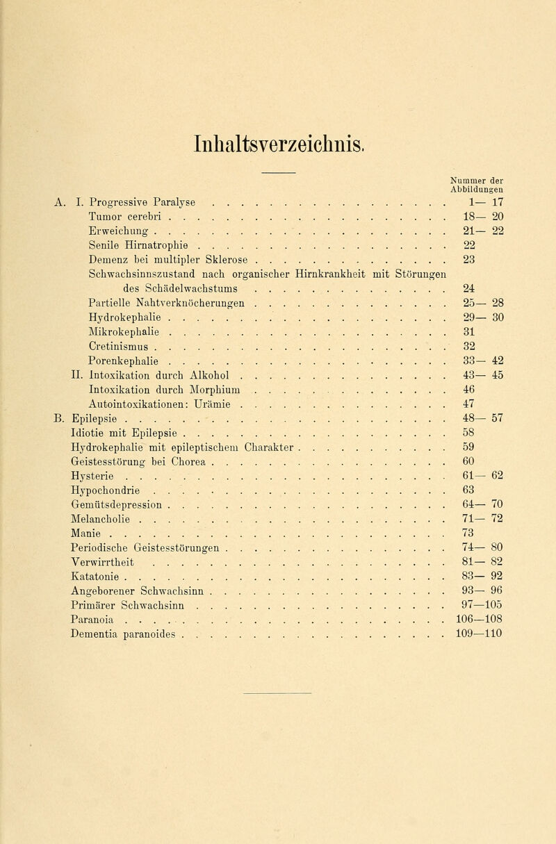 Inhaltsverzeichnis. Nummer der Abbildungen A. I. Progressive Paralyse 1— 17 Tumor cerebri 18— 20 Erweichung 21— 22 Senile Hirnatrophie 22 Demenz bei multipler Sklerose 23 Schwachsinnszustand nach organischer Hirnkrankheit mit Störungen des Schädelwachstums 24 Partielle Nahtverkuöcherungen 25— 28 Hydrokephalie 29— 30 Mikrokephalie 31 Cretinismus 32 Porenkephalie 33— 42 IL Intoxikation durch Alkohol 43— 45 Intoxikation durch Morphium 46 Autointoxikationen: Urämie , 47 B. Epilepsie 48— 57 Idiotie mit Epilepsie 58 Hydrokephalie mit epileptischem Charakter 59 Geistesstörung bei Chorea 60 Hysterie 61— 62 Hypochondrie 63 Gemütsdepression 64— 70 Melancholie 71— 72 Manie 73 Periodische Geistesstörungen 74— 80 Verwirrtheit 81— 82 Katatonie 83— 92 Angeborener Schwachsinn 93— 96 Primärer Schwachsinn 97—105 Paranoia 106—108 Dementia paranoides 109—110