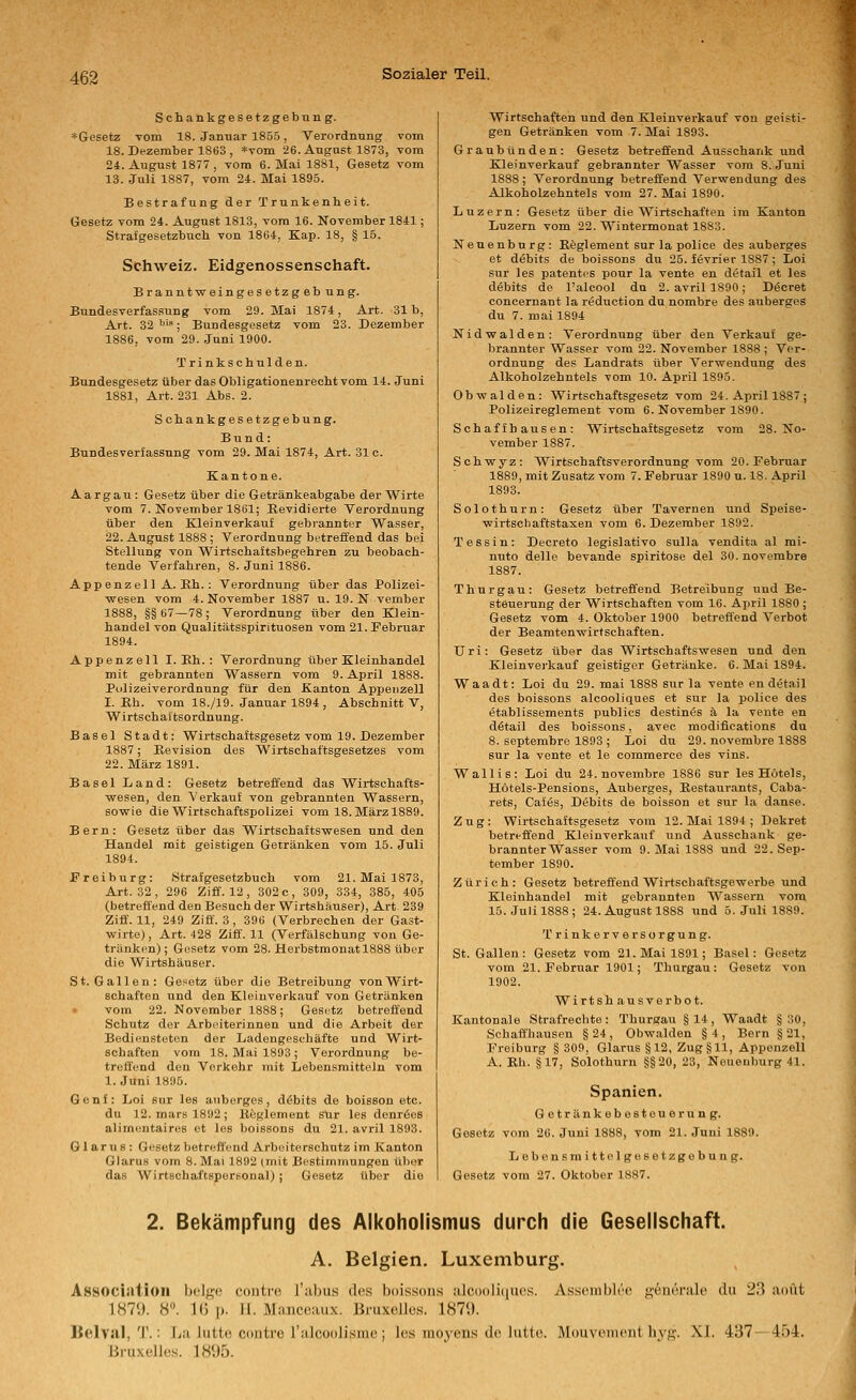 Schankgesetzgebung. »Gesetz Tom 18. Januar 1855, Verordnung vom 18. Dezember 1863 , *TOm 26. August 1873, vom 24. August 1877, vom 6. Mai 1881, Gesetz vom 13. Juli 1887, vom 24. Mai 1895. Bestrafung der Trunkenheit. Gesetz vom 24. August 1813, vom 16. November 1841; Straifgesetzbuch von 1864, Kap. 18, § 15. Schweiz. Eidgenossenschaft. Branntweingesetzgeb ung. Bundesverfassung vom 29. Mai 1874, Art. 31b, Art. 32'''^; Bundesgesetz vom 23. Dezember 1886, vom 29. Juni 1900. Trink schul den. Bundesgesetz über das Obligationenrecht vom 14. Juni 1881, Art. 231 Abs. 2. Schankgesetzgebung. Bund: Bundesverfassung vom 29. Mai 1874, Art. 31c. Kantone. Aargau: Gesetz über die Getränkeabgabe der Wirte vom 7. November 1861; Eevidierte Verordnung über den Kleinverkauf gebrannter Wasser, 22. August 1888 ; Verordnung betreffend das bei Stellung von Wirtsohaftsbegehren zu beobach- tende Verfahren, 8. Juni 1886. Appenzell A.Rh.: Verordnung über das Polizei- wesen vom 4. November 1887 u. 19. N vember 1888, §§67—78; Verordnung über den Klein- handel von Qualitätsspirituosen vom 21. Pebruar 1894. Appenzell I. Eh. : Verordnung über Kleinhandel mit gebrannten Wassern vom 9. April 1888. Pulizeiverordnung für den Kanton Appenzell I. Rh. vom 18./19. Januar 1894, Abschnitt V, Wirtschaftsordnung. Basel Stadt: Wirtschaftsgesetz vom 19. Dezember 1887; Revision des Wirtschaftsgesetzes vom 22. März 1891. Basel Land: Gesetz betreffend das Wirtschafts- wesen, den Verkauf von gebrannten Wassern, sowie die Wirtschaftspolizei vom 18. März 1889. Bern: Gesetz über das Wirtschaitswesen und den Handel mit geistigen Getränken vom 15. Juli 1894. Freiburg: Strafgesetzbuch vom 21. Mai 1873, Art. 32, 296 Ziff. 12 , 302 c, 309, 334, 385, 405 (betreffend den Besuch der Wirtshäuser), Art 239 Ziff. 11, 249 Zifl'. 3 , 396 (Verbrechen der Gast- wirte), Art. 428 Ziff. 11 (Verfälschung von Ge- tränken) ; Gesetz vom 28. Herbstmonat 1888 über die Wirtshäuser. St. Gallen: Gesetz über die Betreibung vonWirt- schaften und den Kleiuverkauf von Getränken • vom 22. November 1888; Gesetz betreffend Schutz der Arbeiterinnen und die Arbeit der Bediensteten der Ladengeschäfte und Wirt- schaften vom 18. Mai 1893 ; Verordnung be- treffend den Verkehr mit Lebensmitteln vom I.Juni 1895. Genf: Loi sur les auborges, döbits de boisßon etc. du 12. marsl892; Köglement sür les denrßos alirnontaires et les boissons du 21. avril 1893. Glarus: Gesetz betreffend Arbeiterschutz im Kanton Glarus vom 8. Mai 1892 (mit Bestimmungen über das WirtschaftspersonaJ) ; Gesetz über die Wirtschaften und den Kleinverkauf von geisti- gen Getränken vom 7. Mai 1893. Graubünden: Gesetz betreffend Ausschank und Kleinverkauf gebrannter Wasser vom 8. Juni 1888; Verordnung betreffend Verwendung des Alkoholzehntels vom 27. Mai 1890. Luzern: Gesetz über die Wirtschaften im Kanton Luzern vom 22. Wintermonat 1883. Neuenbürg: Reglement sur la police des auberges et döbits de boissons du 25. fiSvrier 1887; Loi sur les patentes pour la vente en detail et les döbits de l'alcool du 2. avril 1890; D§cret concernant la reduction du nombre des auberges du 7. mai 1894 Nidwaiden: Verordnung über den Verkauf ge- brannter Wasser vom 22. November 1888 ; Ver- ordnung des Landrats über Verwendung des Alkoholzehntels vom 10. April 1895. Obwalden: Wirtschaftsgesetz vom 24. April 1887 ; Polizeireglement vom 6. November 1890. Schaf fb ausen : Wirtschaftsgesetz vom 28. No- vember 1887. Schwyz: Wirtschaftsverordnung vom 20. Februar 1889, mit Zusatz vom 7. Februar 1890 u. 18. April 1893. Solothurn: Gesetz über Tavernen und Speise- wirtschaftstasen vom 6. Dezember 1892. Tessin: Decreto legislativo sulla vendita al mi- nuto delle bevande spiritose del 30. novembre 1887. Thnrgau: Gesetz betreffend Betreibung und Be- steuerung der Wirtschaften vom 16. April 1880 ; Gesetz vom 4. Oktober 1900 betreffend Verbot der Beamtenwirtschaften. Uri: Gesetz über das Wirtschaftswesen und den Kleinvei-kauf geistiger Getränke. 6. Mai 1894. Waadt: Loi du 29. mai 1888 sur la vente en dtStail des boissons alcooliques et sur la police des etablissements publics destinös ä la vente en detail des boissons, avec modifications du 8. septembre 1893 ; Loi du 29. novembre 1888 sur la vente et le commerce des vins. Wallis: Loi dxi 24. novembre 1886 sur les Hotels, Hötels-Pensions, Auberges, Restaurants, Caba- rets, Caf(5s, Debits de boisson et sur la danse. Zug: Wirtschaftsgesetz vom 12. Mai 1894 ; Dekret betreffend Kleinverkauf und Ausschank ge- brannter Wasser vom 9. Mai 1888 und 22. Sep- tember 1890. Zürich: Gesetz betreffend Wirtschaftsgewerbe und Kleinhandel mit gebrannten Wassern vom 15. Juli 1888; 24. August 1888 und 5. Juli 1889. Trinkerversorgung. St. Gallen: Gesetz vom 21. Mai 1891; Basel: Gesetz vom 21. Februar 1901; Thurgau: Gesetz von 1902. Wirtshausverbot. Kantonale Strafrechte : Thurgau § 14 , Waadt § 30, Schaft'hausen §24, Obwalden §4, Bern §21, Freiburg § 309, Glarus §12, Zug §11, Appenzell A. Rh. §17, Solothurn §§20, 23, Neuenbürg 41. Spanien. Getränkebesteuerung. Gesetz vom 26. Juni 1888, vom 21. Juni 1889. Lebensmittolgesetzgebung. Gesetz vom 27. Oktober 1887. 2. Bekämpfung des Alkoholismus durch die Gesellschaft. A. Belgien. Luxemburg. Association boJ^e contre Tubus dos boissons alciH)lii(uos. Assoinblrc f^'öiioralc du 23 aoüt 187y. 8. 16 p. 11. Manceiiux. Bruxclles. 1879. ItelvJiI, T.: La Jutte contre l'alcoolisme ; les moyens de lutte. Mouvonicnl hyj^'. XL 437-454. Bruxelles. 1895.
