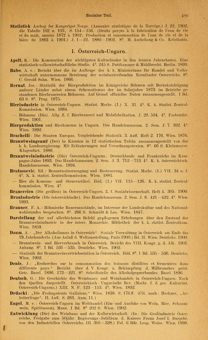 Statistisk Aarbog ibr Ivongeriget Norgc. (Annuaire statistifjue de la Norvege.) J. 22, 1902, die Tabelle 102 u. 103, S. 154—15(5. (Droits percus k la t'abrication de l'eau de vie et du malt, annees 1872 ä 1902: Production et consommation de l'eau de vie et de la biere de 1883 ä 1901.) J. 1—22, 1880-1902. 8. H. Asclielioiig & (Jo. Kristiania. I. Österreich-Ungarn. Apelt, K.: Die Konsumtion der wichtigsten Kulturländer in den letzten .fahrzehnten. Eine statistisch-volkswirtschaftliche Studie. 4. 245 S. Puttkammer & Mühlbrecht. Berlin. 1899. Babo, A. V.: Bericht über die im Auftrage des k. k. Ministeriums für Handel und Volks- wirtschaft unternommene Bereisung der weinbautreibenden Kronländer Österreichs. 8°. C. Gerold Sohn. Wien. 1866. Bernat, Jos.: Statistik der Bierproduktion im Königreiche Böhmen mit Berücksichtigung anderer Länder nebst einem Schematismus der im Solarjahre 1873 im Betriebe ge- standenen Bierbrauereien Böhmens. Auf Grund offizieller Daten zusammengestellt. 1 Bd. 63 S. 8. Prag. 1875. Bierindustrie in Österreich-Ungarn. Statist. Mschr. (1.) X. 31. 4. K. k. Statist. Zentral- Kommission. Wien. 1884. — Böhmens (Die). Allg. Z. f. Bierbrauerei und Malzfabrikation. J. 29. 594. 4. Fasbender. Wien. 1901. Bierproduktion und Bierkonsum in Ungarn. Das, Handelsmuseuni. 2. Sem. J. 7. 392. 4°. Wien. 1892. Brachelli: Die Staaten Europas. Vergleichende Statistik. 3. Aufl. Heft 2. 176. Wien. 1876. Branntweingenuß (Der) in Kärnten in 12 statistischen Tafeln zusammengestellt von der k. k. Landesregierung. Mit Erläuterungen und Verordnungstexten. 8°. 66 S. Kleinmayer. Klagenfurt. 1888. Branntweinindustrie (Die) Österreich-Ungarns, Deutsehlands und Frankreichs im Kam- pagne-Jahre 1893. Das Handelsmuseum. 2. Sem. J. 3. 712—713. 4°. K. k. österreichisch. Handelsmuseum. Wien. 1894. Bratassevic, Ed. -. Branntweinerzeugung und -Besteuerung. Statist. Mschr. (1.) VII. 34 u. f. 4°. K. k. Statist. Zentralkommission. Wien. 1881. — Bier als Konsum- und Steuerartikel. Ibid. (1.) VII. 115—126. K. k. statist. Zentral- kommission. Wien. 4°. Brauereien (Die größten) in Österreich-Ungarn. Z. f. Sozialwissenschaft. Heft 4. 305. 1900. Brauindustrie (Die österreichische). Das Handelsmuseum. 2. Sera. J. 8. 421—422. 4°. Wien- 1893. Brauner, F. A.: Böhmische Bauernzustände, im Interesse der Landeskultur und des National- wohlstandes besprochen. 8*'. 266 S. Schmidt & Leo. Wien. 1847. Darstellung der auf allerhöchsten Befehl gepflogenen Erhebungen über den Zustand der Branntweinindustrie in der österr. Monarchie. Bibliothek der k. k. statist. Zentralkom. Wien. 1859. Daum, A.: „Der Alkoholismus in Österreich. Soziale Verwaltung in Österreich am Ende des 19. Jahrhunderts. (Aus Anlaß d. Weltausstellung, Paris 1900.) Bd. IL Wien. Deuticke. 1900. — Branntwein- und Bierverbrauch in Österreich. Bericht des VIII. Kongr. g. d. Alk. 1901. Anhang. 8«. 1 Bd. 531—535. Deuticke. Wien. 1902. — Statistik der Branntweinvertriebsstätten in Österreich. Ibid. S**. 1 Bd. 535—536. Deuticke. Wien. 1902. Denis, J.: „Eecherches sur la consommation des boissons distillees et fermentees dans differents pays. Bericht über d. V. Kongr. z. Bekämpfung d. Mißbrauches geist. Getr. Basel. 1896. 173—221. 8«. Schriftstelle des Alkoholgegnerbundes. Basel. 1896. Deutsch, G. : Die Geschichte des Weinbaues und Weinhandels in Österreich-Ungarn. Nach den Quellen dargestellt. Österreichisch - Ungarische Eev. (Mschr. f. d. ges. Kulturint. Österreich-Ungarns.) XIII. N. F. 123—153. 4». Wien. 1892. Drdacki: „Die Frohnpatente Galiziens. Wien. 1838. S. 176ff. (Cit. nach: Herkner, ..Ar- beiterfrage. IL Aufl. S. 283. Anm. 11.) Engel, M. V.: Österreich-Ungarn im Welthandel (Ein- und Ausfuhr von Wein, Bier, Schaum- wein, Spirituosen). Manz. 1 Bd. 8 202 S. Wien. 1902. Entwicklung (Die) des Weinbaus und der KeUerwirtschaft. (In: Die Großindustrie Öster- reichs. Festgabe zum 50jähr. Regierungs - Jubiläum d. Kaisers Franz Josef I. Dargebr. von den Industriellen Österreichs. III. 305—328.) Fol. 6 Bde. Leop. Weiss. Wien. 1898.