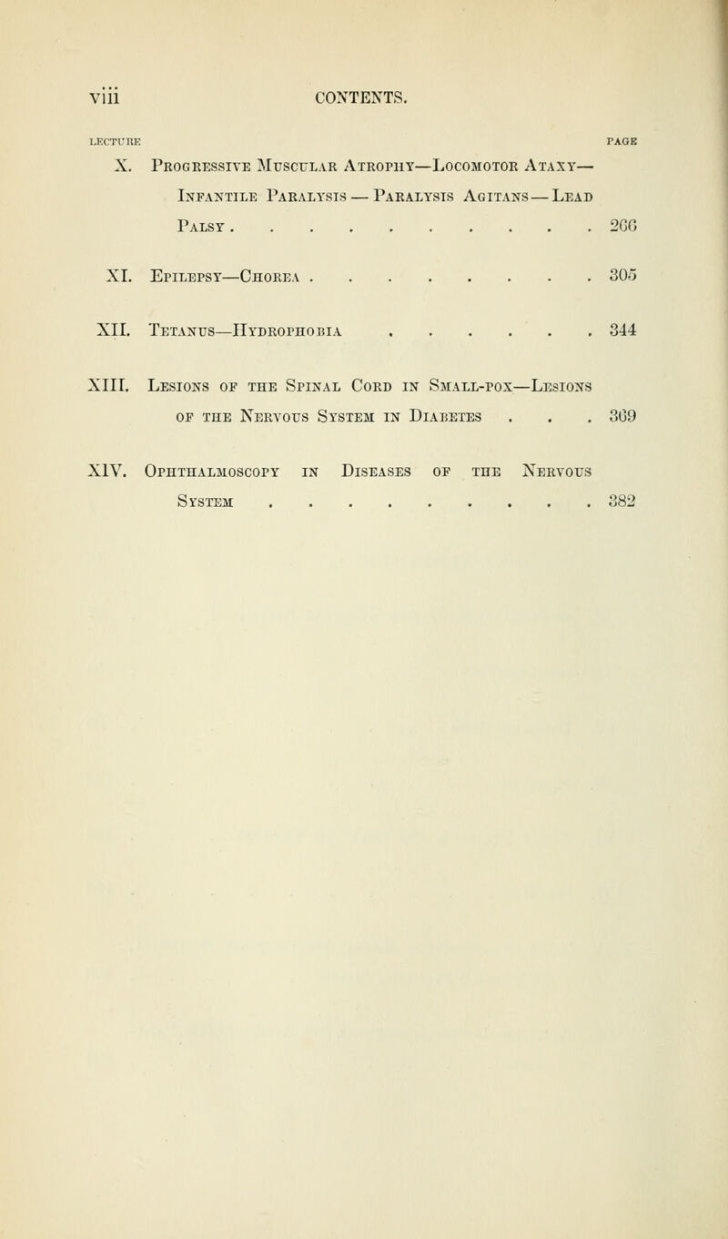 Vlll CONTENTS. LECTURE PAGE X. Progressive Muscclar Atrophy—Locomotor Ataxy— Infantile Paralysis — Paralysis Agitans—Lead Palsy 2GG XL Epilepsy—Chorea 305 XIL Tetanus—Hydrophobia 344 XIIL Lesions of the Spinal Cord in Small-pox—Lesions OF THE Nervous System in Diabetes . . . 309 XIV. Ophthalmoscopy in Diseases of the Nervous System 382