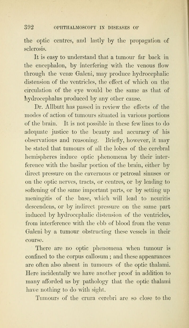 the optic centres, and lastly by the propagation of sclerosis. It is easy to understand that a tumour far back in the encephalon, by interfering with the venous How through the venae Galeni, may produce hydrocephalic distension of the ventricles, the effect of which on the circulation of the eye would be the same as that of hydrocephalus produced by any other cause. Dr. Allbutt has passed in review the effects of the modes of action of tumours situated in various portions of tlie brain. It is not possible in these few lines to do adequate justice to the beauty and accuracy of his observations and reasoning. Briefly, however, it may be stated that tumours of all the lobes of the cerebral hemispheres induce optic phenomena by their inter- ference with the basilar portion of the brain, either by direct pressure on the cavernous or petrosal sinuses or on the optic nerves, tracts, or centres, or by leading to softening of the same important parts, or by setting up meningitis of the base, wl^ich will lead to neuritis descendens, or by indirect pressure on the same part induced by hydrocephalic distension of the ventricles, from interference with the ebb of blood from the vena3 Galeni by a tumour obstructing these vessels in their course. There are no optic phenomena when tumour is confined to the corpus callosum ; and these appearances are often also absent in tumours of the optic thalami. Here incidentally we have another proof in addition to many afforded us by pathology that tlie optic thalami have nothino; to do with sifdit. Tumours of the crura cerebri ai'c so close to the