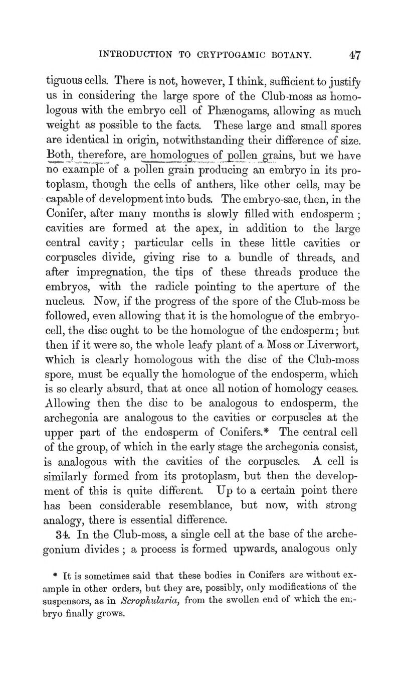 tiguous cells. There is not, however, I think, sufficient to justify us in considering the large spore of the Club-moss as homo- logous with the embryo cell of Phaenogams, allowing as much weight as possible to the facts. These large and small spores are identical in origin, notwithstanding their difference of size. Both, therefore, are homologues of jgollenjgrains, but we have no example of a pollen grain producing an embryo in its pro- toplasm, though the cells of anthers, like other cells, may be capable of development into buds. The embryo-sac, then, in the Conifer, after many months is slowly filled with endosperm ; cavities are formed at the apex, in addition to the large central cavity; particular cells in these little cavities or corpuscles divide, giving rise to a bundle of threads, and after impregnation, the tips of these threads produce the embryos, with the radicle pointing to the aperture of the nucleus. Now, if the progress of the spore of the Club-moss be followed, even allowing that it is the homologue of the embryo- cell, the disc ought to be the homologue of the endosperm; but then if it were so, the whole leafy plant of a Moss or Liverwort, which is clearly homologous with the disc of the Club-moss spore, must be equally the homologue of the endosperm, which is so clearly absurd, that at once all notion of homology ceases. Allowing then the disc to be analogous to endosperm, the archegonia are analogous to the cavities or corpuscles at the upper part of the endosperm of Conifers.* The central cell of the group, of which in the early stage the archegonia consist, is analogous with the cavities of the corpuscles. A cell is similarly formed from its protoplasm, but then the develop- ment of this is quite different. Up to a certain point there has been considerable resemblance, but now, with strong analogy, there is essential difference. 34 In the Club-moss, a single cell at the base of the arche- gonium divides ; a process is formed upwards, analogous only * It is sometimes said that these bodies in Conifers are without ex- ample in other orders, but they are, possibly, only modifications of the suspensors, as in Scrophularia, from the swollen end of which the em- bryo finally grows.