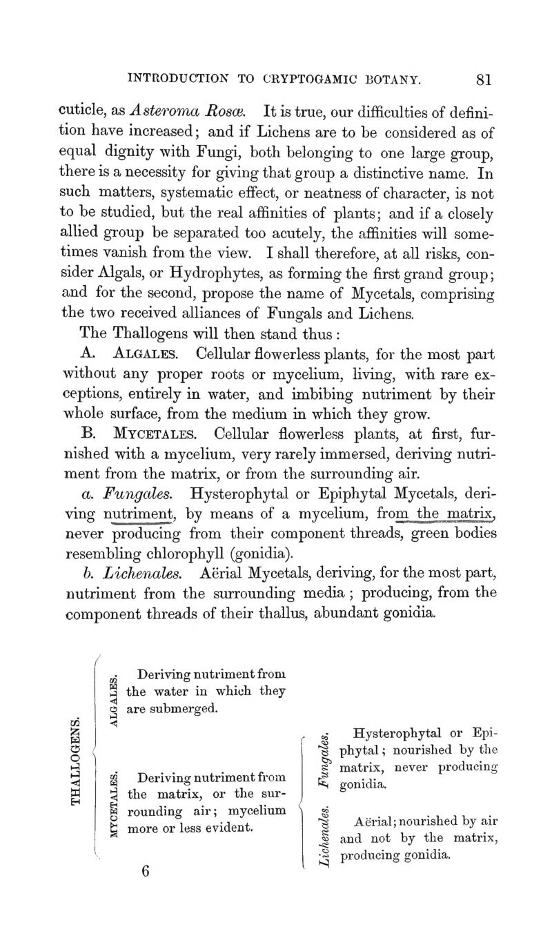 cuticle, as Asteroma Moscb. It is true, our difficulties of defini- tion have increased; and if Lichens are to be considered as of equal dignity with Fungi, both belonging to one large group, there is a necessity for giving that group a distinctive name. In such matters, systematic effect, or neatness of character, is not to be studied, but the real affinities of plants; and if a closely allied group be separated too acutely, the affinities will some- times vanish from the view. I shall therefore, at all risks, con- sider Algals, or Hydrophytes, as forming the first grand group; and for the second, propose the name of Mycetals, comprising the two received alliances of Fungals and Lichens. The Thallogens will then stand thus : A. Algales. Cellular flowerless plants, for the most part without any proper roots or mycelium, living, with rare ex- ceptions, entirely in water, and imbibing nutriment by their whole surface, from the medium in which they grow. B. Mycetales. Cellular flowerless plants, at first, fur- nished with a mycelium, very rarely immersed, deriving nutri- ment from the matrix, or from the surrounding air. a. Fungales. Hysterophytal or Epiphytal Mycetals, deri- ving nutriment, by means of a mycelium, from the matrix, never producing from their component threads, green bodies resembling chlorophyll (gonidia). b. Lichenales. Aerial Mycetals, deriving, for the most part, nutriment from the surrounding media; producing, from the component threads of their thallus, abundant gonidia. „■ Deriving nutriment from J the water in which they o are submerged. ■< 01 O a Deriving nutriment from the matrix, or the sur- rounding air; mycelium more or less evident. «• Hysterophytal or Epi- ■e phytal:, nourished by the S matrix, never producing *( gonidia. 3 Aerial; nourished by air § and not by the matrix, •S producing gonidia.