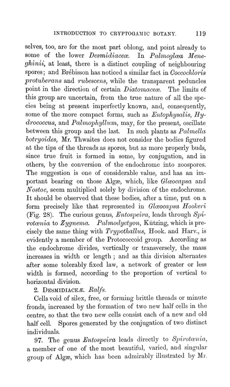 selves, too, are for the most part oblong, and point already to some of the lower Desmidiacew. In Palmoglcea Mene- ghinii, at least, there is a distinct coupHng of neighbouring spores; and Brebisson has noticed a similar fact in Coccochloris protuberans and rubescens, while the transparent peduncles point in the direction of certain Diatomacece. The limits of this group are uncertain, from the true nature of all the spe- cies being at present imperfectly known, and, consequently, some of the more compact forms, such as Entophysalis, Hy- drococcus, and Palmophyllum, may, for the present, oscillate between this group and the last. In such plants as Palmella botryoides, Mr. Thwaites does not consider the bodies figured at the tips of the threads as spores, but as more properly buds, since true fruit is formed in some, by conjugation, and in others, by the conversion of the endochrome into zoospores. The suggestion is one of considerable value, and has an im- portant bearing on those Algae, which, like Glwocapsa and Nostoc, seem multiplied solely by division of the endochrome. It should be observed that these bodies, after a time, put on a form precisely like that represented in OloeocaiJsa Hookeri (Fig. 28). The curious genus, Entospeira, leads through S'pi- rotcenia to Zygnenna. Palmodyctyon, Kiitzing, which is pre- cisely the same thing with Trypothallus, Hook, and Harv., is evidently a member of the Protococcoid group. According as the endochrome divides, vertically or transversely, the mass increases in width or length ; and as this division alternates after some tolerably fixed law, a network of greater or less width is formed, according to the proportion of vertical to horizontal division. 2. Desmidiace^. Ralfs. Cells void of silex, free, or forming brittle threads or minute fronds, increased by the formation of two new half cells in the centre, so that the two new cells consist each of a new and old half cell. Spores generated by the conjugation of two distinct individuals. 97. The genus Entospeira leads directly to Spirotcenia, a member of one of the most beautiful, varied, and singular group of Alg£e, which has been admirably illustrated by Mr.