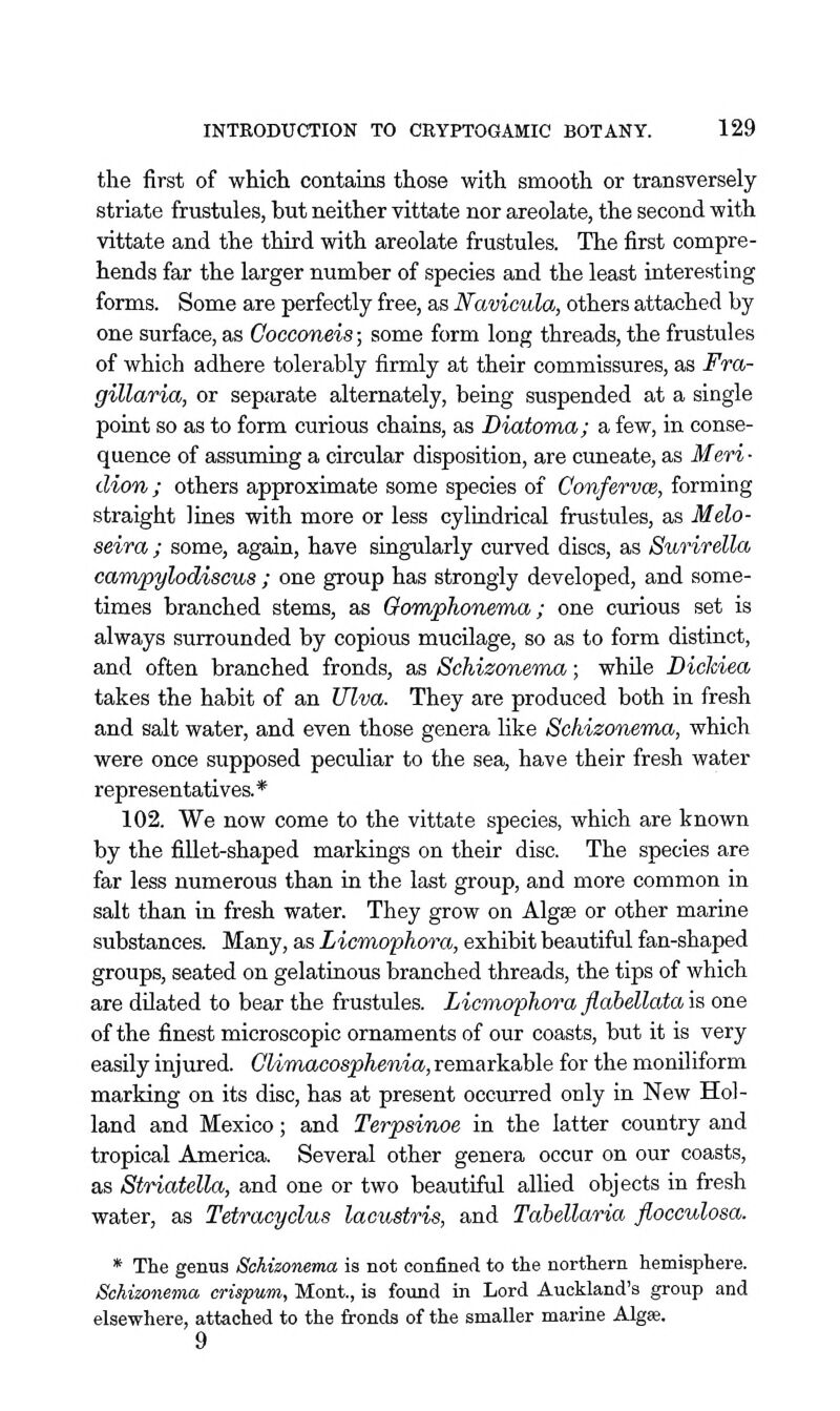 the first of which contains those with smooth or transversely striate frustules, but neither vittate nor areolate, the second with vittate and the third with areolate frustules. The first compre- hends far the larger number of species and the least interesting forms. Some are perfectly free, as Navicula, others attached by one surface, as Cocconeis; some form long threads, the frustules of which adhere tolerably firmly at their commissures, as Fra- gillaria, or separate alternately, being suspended at a single point so as to form curious chains, as Diatoma; a few, in conse- quence of assuming a circular disposition, are cuneate, as Meri- dian; others approximate some species of Confervce, forming straight lines with more or less cylindrical frustules, as Melo- seira ; some, again, have singularly curved discs, as Surirella caTnpyloddscus ; one group has strongly developed, and some- times branched stems, as Gomphonema; one curious set is always surrounded by copious mucilage, so as to form distract, and often branched fronds, as Schizonema; while Bickiea takes the habit of an UTva. They are produced both in fresh and salt water, and even those genera like Schizonema, which were once supposed peculiar to the sea, have their fresh water representatives.* 102. We now come to the vittate species, which are known by the fillet-shaped markings on their disc. The species are far less numerous than in the last group, and more common in salt than in fresh water. They grow on Algae or other marine substances. Many, as Licmophora, exhibit beautiful fan-shaped groups, seated on gelatinous branched threads, the tips of which are dUated to bear the frustules. Licmophora flabellata is one of the finest microscopic ornaments of our coasts, but it is very easily injured. Glimacosphenia, remarkable for the moniliform marking on its disc, has at present occurred only in New Hol- land and Mexico; and Terpsinoe in the latter country and tropical America. Several other genera occur on our coasts, as Striatella, and one or two beautiful allied objects in fresh water, as Tetracyclus lacustris, and Tabellaria fiocculosa. * The genus Schizonema is not confined to the northern hemisphere. Schizonema crispum, Mont., is found in Lord Auckland's group and elsewhere, attached to the fronds of the smaller marine Algse. 9