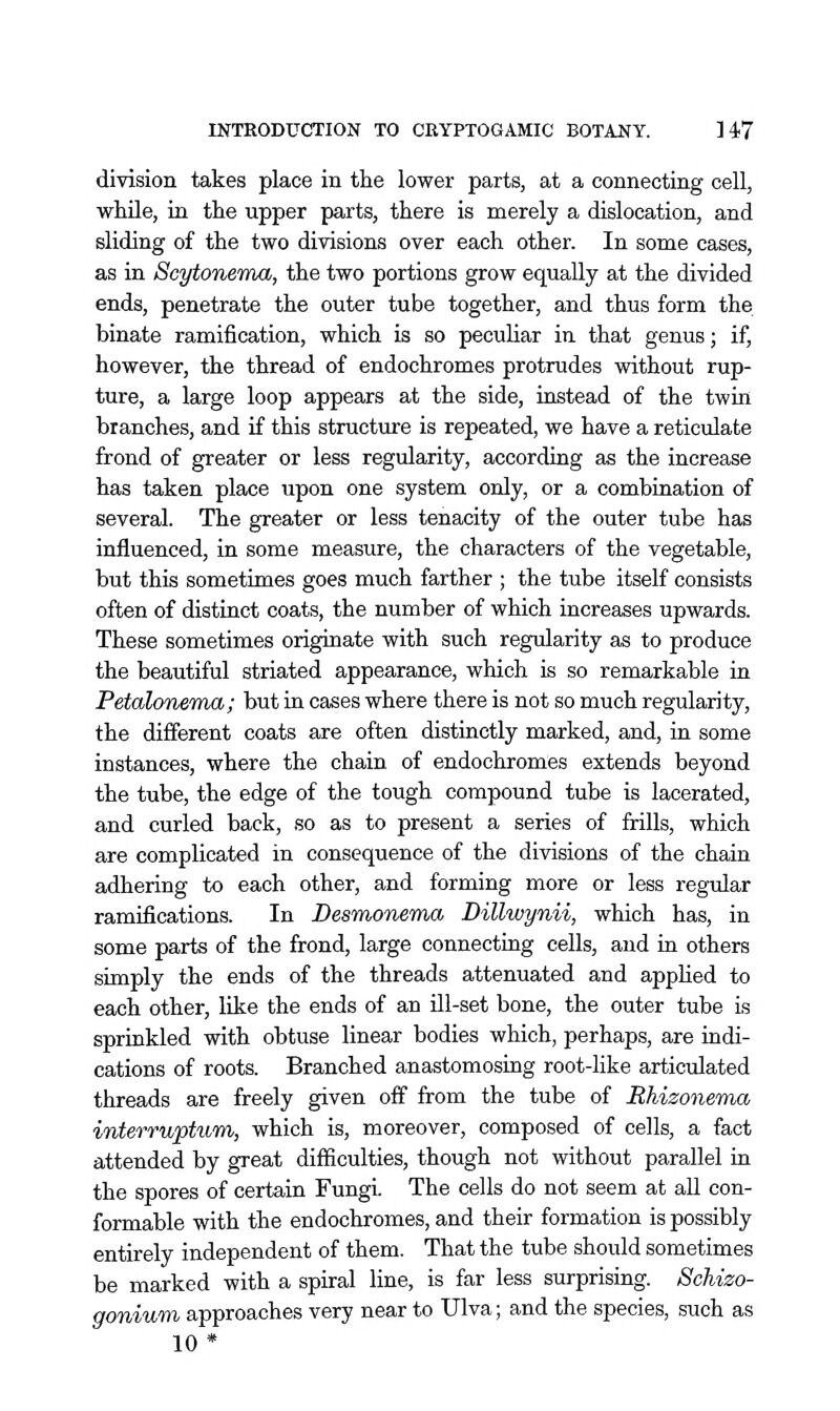 division takes place in the lower parts, at a connecting cell, while, in the upper parts, there is merely a dislocation, and sliding of the two divisions over each other. In some cases, as in Scytonema, the two portions grow equally at the divided ends, penetrate the outer tube together, and thus form the binate ramification, which is so peculiar in that genus; if, however, the thread of endochromes protrudes without rup- ture, a large loop appears at the side, iostead of the twin branches, and if this structure is repeated, we have a reticulate frond of greater or less regularity, according as the increase has taken place upon one system only, or a combination of several. The greater or less tenacity of the outer tube has influenced, in some measure, the characters of the vegetable, but this sometimes goes much farther ; the tube itself consists often of distinct coats, the number of which increases upwards. These sometimes originate with such regularity as to produce the beautiful striated appearance, which is so remarkable in Petalcmema; but in cases where there is not so much regularity, the different coats are often distinctly marked, and, in some instances, where the chain of endochromes extends beyond the tube, the edge of the tough compound tube is lacerated, and curled back, so as to present a series of frills, which are complicated in consequence of the divisions of the chain adhering to each other, and forming more or less regular ramifications. In Besmonema Dillwynii, which has, in some parts of the frond, large connecting cells, and in others simply the ends of the threads attenuated and applied to each other, like the ends of an Hi-set bone, the outer tube is sprinkled with obtuse linear bodies which, perhaps, are indi- cations of roots. Branched anastomosing root-like articulated threads are freely given off from the tube of Rhizonema interruptum, which is, moreover, composed of cells, a fact attended by great difSculties, though not without parallel in the spores of certain Fungi. The cells do not seem at all con- formable with the endochromes, and their formation is possibly entirely independent of them. That the tube should sometimes be marked with a spiral line, is far less surprising. Schizo- gonium approaches very near to Ulva; and the species, such as 10*