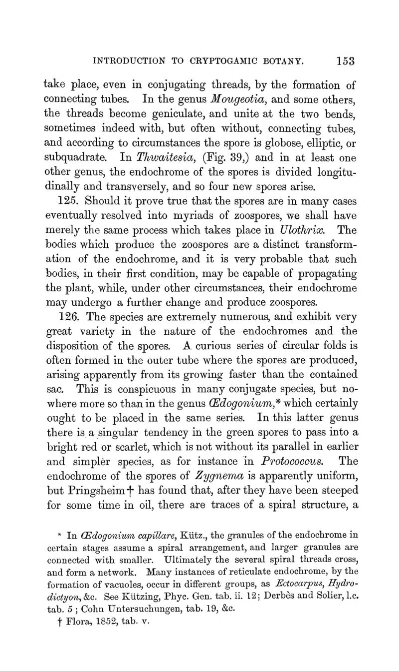 take place, even in conjugating threads, by the formation of connecting tubes. In the genus Mougeotia, and some others, the threads become geniculate, and unite at the two bends, sometimes indeed with, but often without, connecting tubes, and according to circumstances the spore is globose, elliptic, or subquadrate. In Thwaitesia, (Fig. 39,) and in at least one other genus, the endochrome of the spores is divided longitu- dinally and transversely, and so four new spores arise. 12.5. Should it prove true that the spores are in many cases eventually resolved into myriads of zoospores, we shall have merely the same process which takes place in Ulothrix. The bodies which produce the zoospores are a distinct transform- ation of the endochrome, and it is very probable that such bodies, in their first condition, may be capable of propagating the plant, while, under other circumstances, their endochrome may undergo a further change and produce zoospores. 126. The species are extremely numerous, and exhibit very great variety in the nature of the endochromes and the disposition of the spores. A curious series of circular folds is often formed in the outer tube where the spores are produced, arising apparently from its growing faster than the contained sac. This is conspicuous in many conjugate species, but no- where more so than in the genus (Edogonium* which certainly ought to be placed in the same series. In this latter genus there is a singnLar tendency in the green spores to pass into a bright red or scarlet, which is not without its parallel in earlier and simpler species, as for instance in Protococcus. The endochrome of the spores of Zygnema is apparently uniform, but Pringsheim-f- has found that, after they have been steeped for some time in oil, there are traces of a spiral structure, a * In CEdogonium capiUare, Kiitz., the granules of the endochrome in certain stages assume a spiral arrangement, and larger granules are connected with smaller. Ultimately the several spiral threads cross, and form a network. Many instances of reticulate endochrome, by the formation of vacuoles, occur in different groups, as Ectocarpus, Hydro- dictyon, &c. See Kutzing, Phyc. Gen. tab. ii. 12; DerbSs and Solier, I.e. tab. 5 ; Cohn Untersuchungen, tab. 19, &o. t Flora, 1852, tab. v.