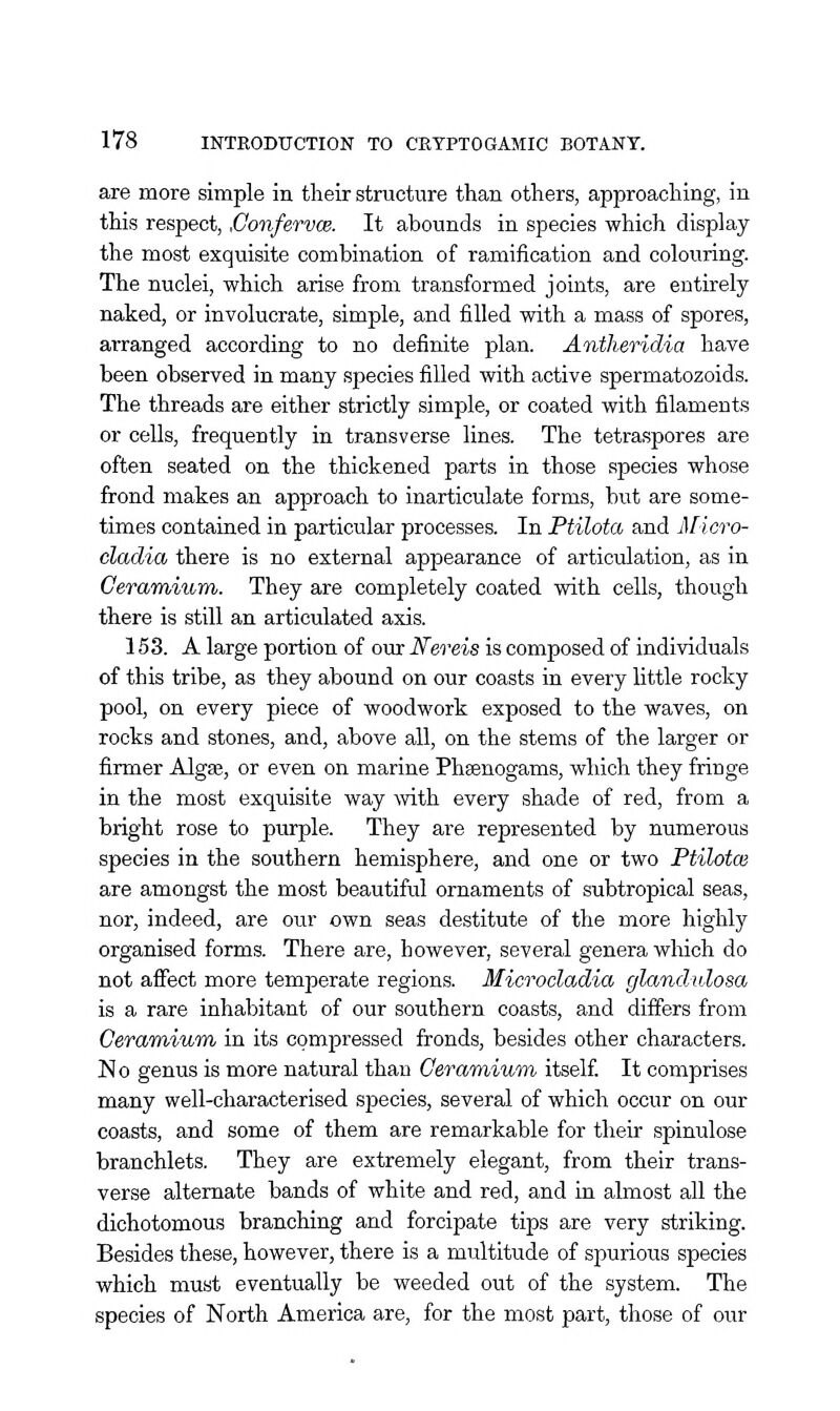 are more simple in their structure than others, approaching, in this respect, .Gonfervw. It abounds in species which display the most exquisite combination of ramification and colouring. The nuclei, which arise from transformed joints, are entirely naked, or involucrate, simple, and filled with a mass of spores, arranged according to no definite plan. Antheridia have been observed in many species filled with active spermatozoids. The threads are either strictly simple, or coated with filaments or cells, frequently in transverse lines. The tetraspores are often seated on the thickened parts in those species whose frond makes an approach to inarticulate forms, but are some- times contained in particular processes. In Ptilota and Micro- cladia there is no external appearance of articulation, as in CeraTnium. They are completely coated with cells, though there is still an articulated axis. 153. A large portion of our Nereis is composed of individuals of this tribe, as they abound on our coasts in every little rocky pool, on every piece of woodwork exposed to the waves, on rocks and stones, and, above all, on the stems of the larger or firmer Algae, or even on marine Phsenogams, which they fringe in the most exquisite way with every shade of red, from a bright rose to purple. They are represented by numerous species in the southern hemisphere, and one or two Ptilotm are amongst the most beautiful ornaments of subtropical seas, nor, indeed, are our own seas destitute of the more highly organised forms. There are, however, several genera which do not affect more temperate regions. Microcladia glandulosa is a rare inhabitant of our southern coasts, and differs from Ceramium in its compressed fronds, besides other characters. No genus is more natural than Ceramium itself. It comprises many well-characterised species, several of which occur on our coasts, and some of them are remarkable for their spinulose branchlets. They are extremely elegant, from their trans- verse alternate bands of white and red, and in almost all the dichotomous branching and forcipate tips are very striking. Besides these, however, there is a multitude of spurious species which must eventually be weeded out of the system. The species of North America are, for the most part, those of our