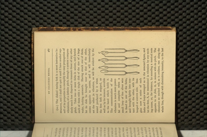 (12.) The disked tuning fork is a most instructive in- strument, and I shall not quit it until I have availed my- self of its properties to exemplify the easy propagation of vibrations, of a definite pitch, through a system compara- tively much less disposed to transmit those of any other pitch. Take two or more forks in unison, and furnish each of them with a single disk of the size of a large wafer, looking outwards. Having struck one of them, let its disk be brought near to that of the other, centre opposite to centre, and it will immediately set the other in vibration, as will be evident by the sound produced by it when the first fork is stopped, as well as by its tremors, sensible to the hand which holds it. The communication of the vibration is much more power- ful and complete when a small loop of fine silver wire is fixed to one of the forks, and brought lightly into con- tact with the other, with its looped or convex side. Ima- gine now a series of such forks and loops arranged as in the annexed figure, and let the first, A, be maintained in vibration by any excit- ing cause, as, for instance, by sounding a musical note opposite to its disk, A, in unison with its pitch. The vibrations so excited will, as is evident, run along the whole line, though with diminishing intensity, to the last