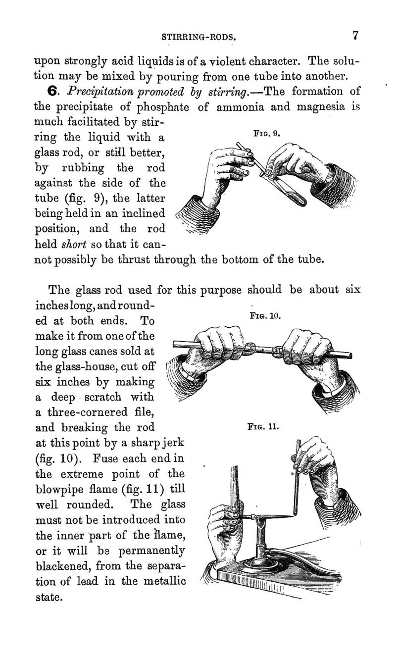 STIEEING-EODS. Fie. 10. upon Strongly acid liquids is of a violent character. The solu- tion may be mixed by pouring from one tube into another. 0. Precipitation promoted by stirring.—The formation of the precipitate of phosphate of ammonia and magnesia is much facilitated by stir- ring the liquid with a Fio. 9. glass rod, or still better, by rubbing the rod against the side of the tube (fig. 9), the latter being held in an inclined position, and the rod held short so that it can- not possibly be thrust through the bottom of the tube. The glass rod used for this purpose should be about six inches long, and round- ed at both ends. To make it from one of the long glass canes sold at the glass-house, cut off six inches by making a deep scratch with a three-cornered file, and breaking the rod at this point by a sharp jerk (fig. 10). Fuse each end in the extreme point of the blowpipe flame (fig. 11) till well rounded. The glass must not be introduced into the inner part of the Same, or it will be permanently blackened, from the separa- tion of lead in the metallic state.