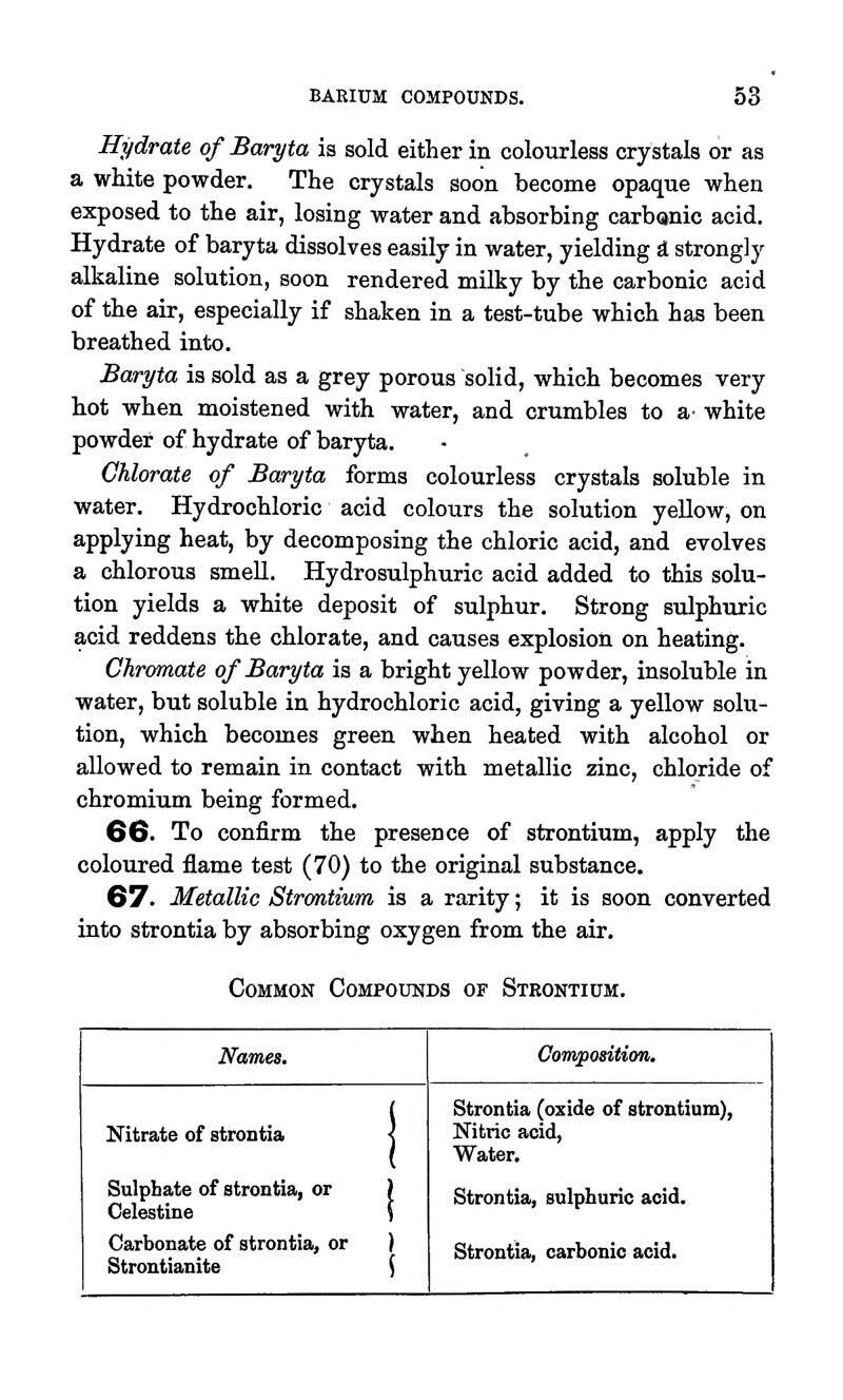 Hydrate of Baryta is sold either in colourless crystals or as a white powder. The crystals soon become opaque when exposed to the air, losing water and absorbing carbanic acid. Hydrate of baryta dissolves easily in water, yielding £t strongly alkaline solution, soon rendered milky by the carbonic acid of the air, especially if shaken in a test-tube which has been breathed into. Baryta is sold as a grey porous solid, which becomes very hot when moistened with water, and crumbles to a- white powder of hydrate of baryta. Chlorate of Baryta forms colourless crystals soluble in water. Hydrochloric acid colours the solution yellow, on applying heat, by decomposing the chloric acid, and evolves a chlorous smell. Hydrosulphuric acid added to this solu- tion yields a white deposit of sulphur. Strong sulphuric acid reddens the chlorate, and causes explosion on heating. Chromate of Baryta is a bright yellow powder, insoluble in water, but soluble in hydrochloric acid, giving a yellow solu- tion, which becomes green when heated with alcohol or allowed to remain in contact with metallic zinc, chloride of chromium being formed. 66. To confirm the presence of strontium, apply the coloured flame test (70) to the original substance. 67. Metallic Strontium is a rarity; it is soon converted into strontia by absorbing oxygen from the air. Common Compounds of Strontium. Names. Composition, Nitrate of strontia Sulphate of strontia, or Celestine Carbonate of strontia, or ) Strontianite ( Strontia (oxide of strontium), Nitric acid, Water. Strontia, sulphuric acid. Strontia, carbonic acid.