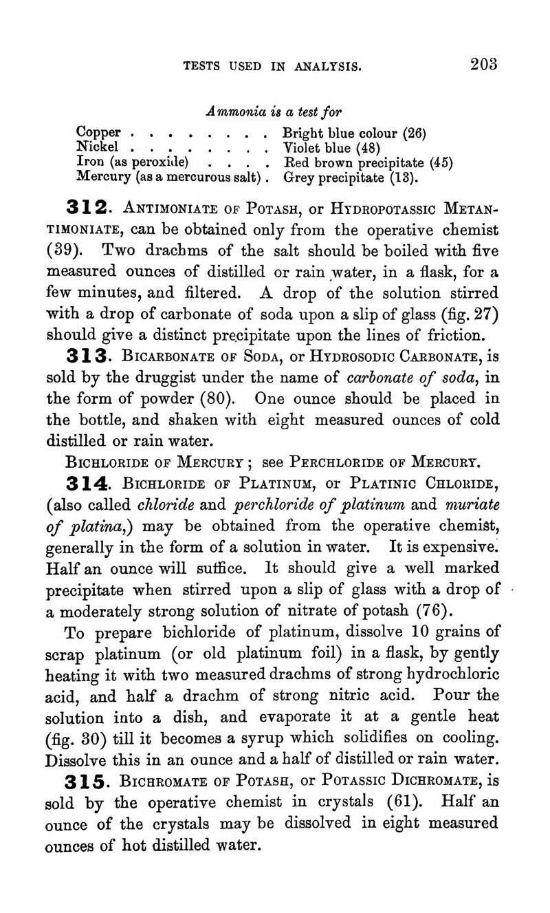 Ammonia is a test for Copper Bright blue colour (26) Nickel Violet blue (48) Iron (as peroxide) .... Red brown precipitate (iS) Mercury (as a merourous salt). Grey precipitate (13). 312. Antimoniate of Potash, or Htdeopotassic Metan- TiMONiATE, can be obtained only from the operative chemist (39). Two drachms of the salt should be boiled with five measured ounces of distilled or rain water, in a flask, for a few minutes, and filtered. A drop of the solution stirred with a drop of carbonate of soda upon a slip of glass (fig. 27) should give a distinct pre.cipitate upon the lines of friction. 313. Bicarbonate of Soda, orHYOEOsoDic Carbonate, is sold by the druggist under the name of carbonate of soda, in the form of powder (80). One ounce should be placed in the bottle, and shaken with eight measured ounces of cold distilled or rain water. Bichloride of Mercuet ; see Peechloeide of Meecdey. 314. Bichloride of Platinum, or Platinic Chloride, (also called chloride and perchloride of platinum and muriate of platina,) may be obtained from the operative chemist, generally in the form of a solution in water. It is expensive. Half an ounce will suffice. It should give a well marked precipitate when stirred upon a slip of glass with a drop of a moderately strong solution of nitrate of potash (76). To prepare bichloride of platinum, dissolve 10 grains of scrap platinum (or old platinum foil) in a flask, by gently heating it with two measured drachms of strong hydrochloric acid, and half a drachm of strong nitric acid. Pour the solution into a dish, and evaporate it at a gentle heat (fig. 30) till it becomes a syrup which solidifies on cooling. Dissolve this in an ounce and a half of distilled or rain water. 315. Bicheomate of Potash, or Potassic Dicheomate, is sold by the operative chemist in crystals (61). Half an ounce of the crystals may be dissolved in eight measured ounces of hot distilled water.